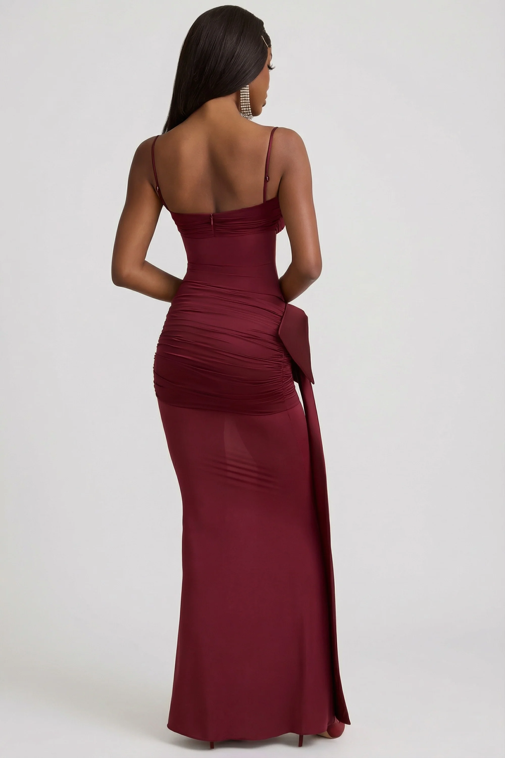 Bow-Detail Ruched Maxi Dress in Wine Red