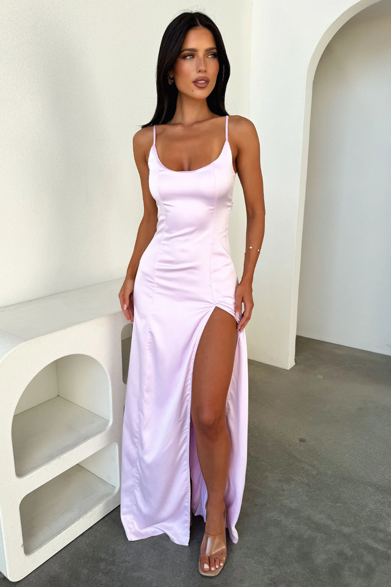 Violetta Scoop Neck Satin Maxi Dress - Pink