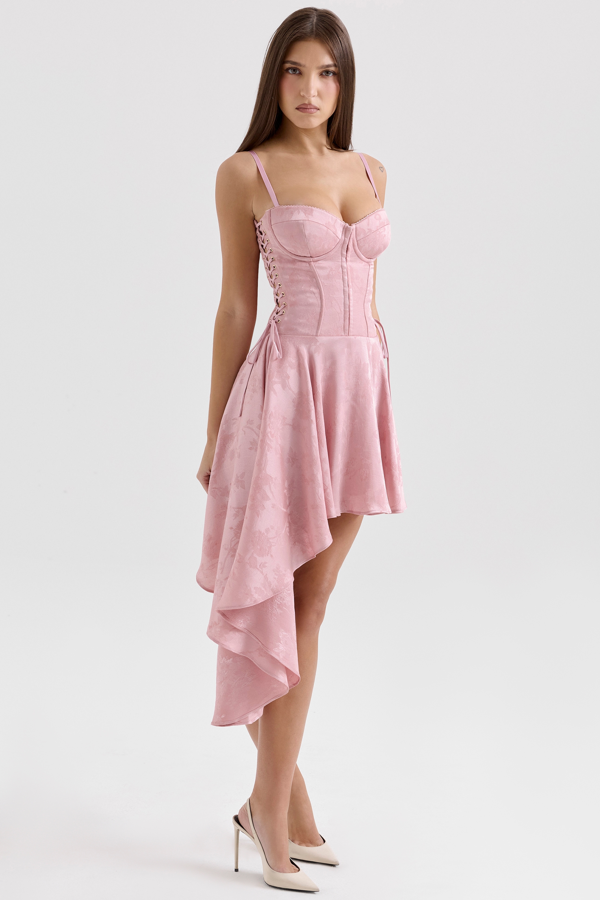Pink Jacquard Draped Mini Dress