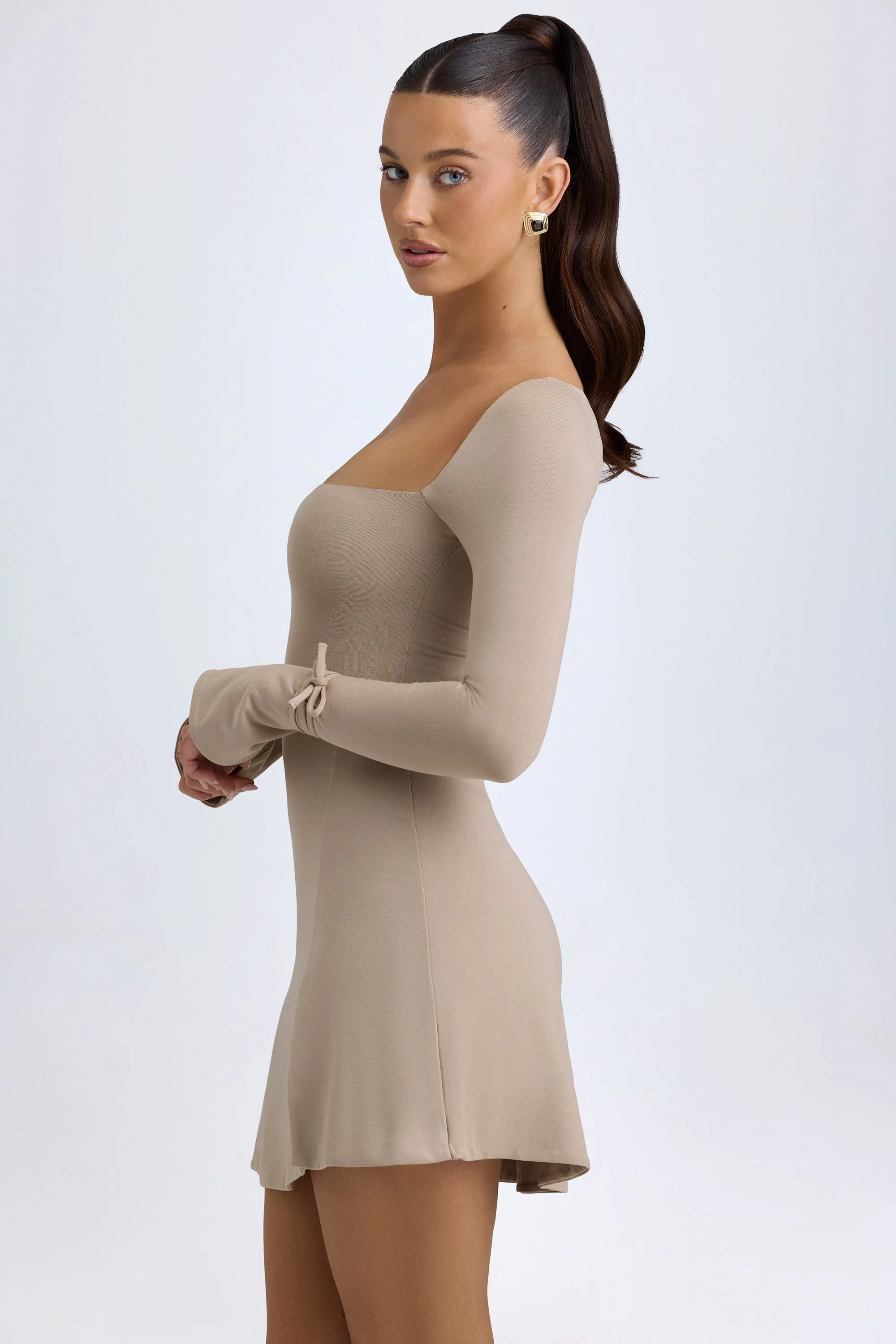 Square Neck Long Sleeve Mini Dress in Taupe