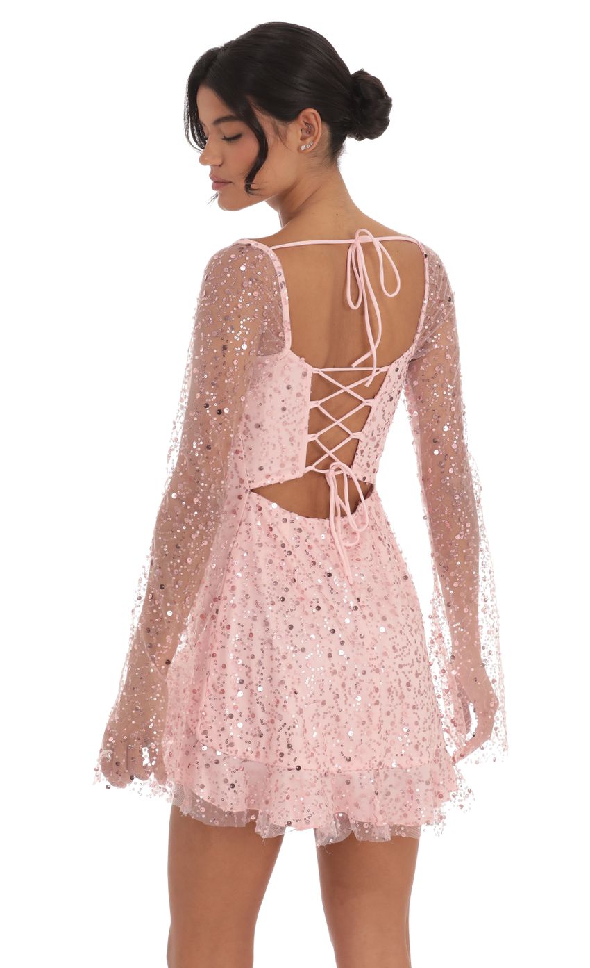 Sequin Flare Long Sleeve Dress in Pink