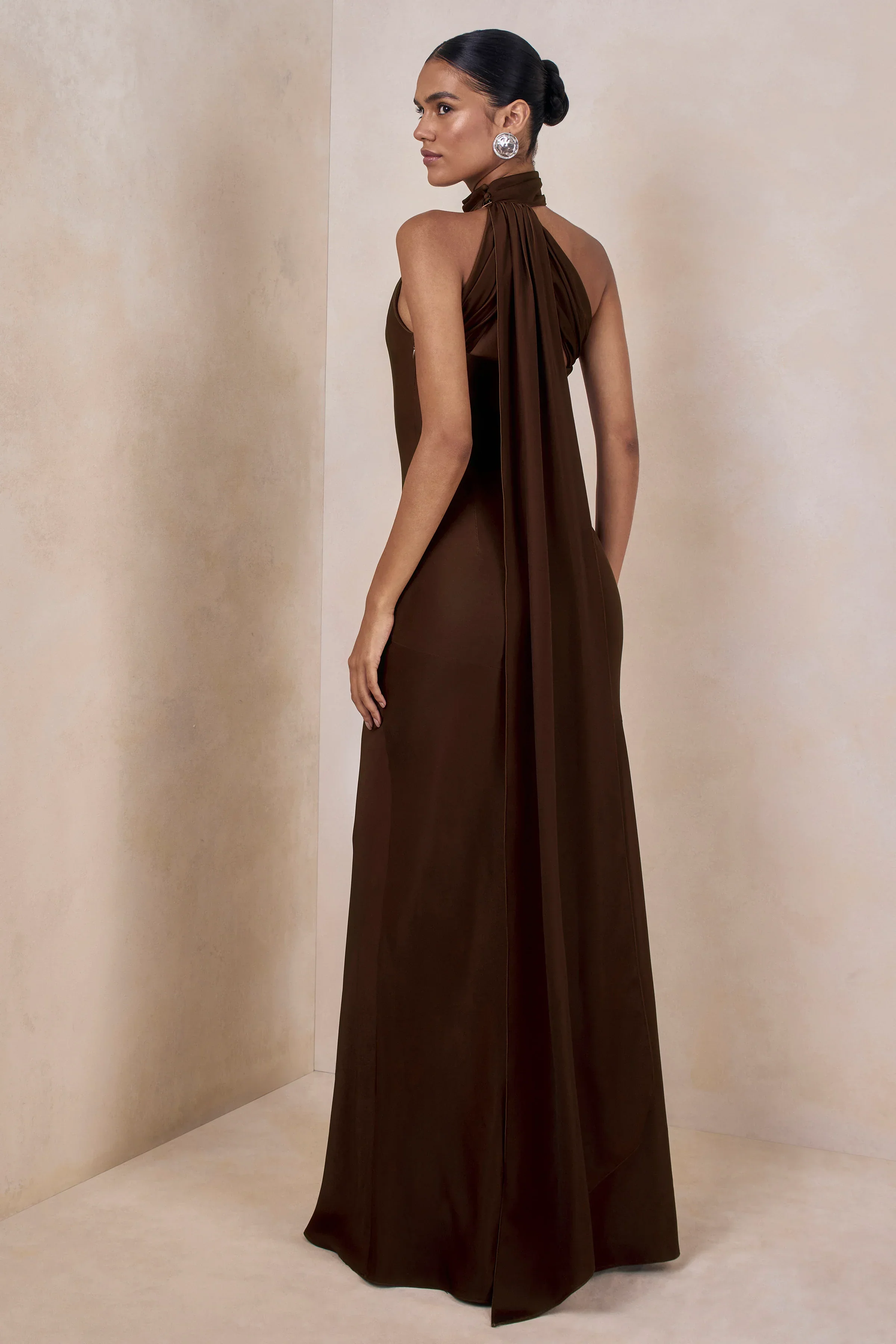 Cara | Brown Satin High-Neck Maxi Dress