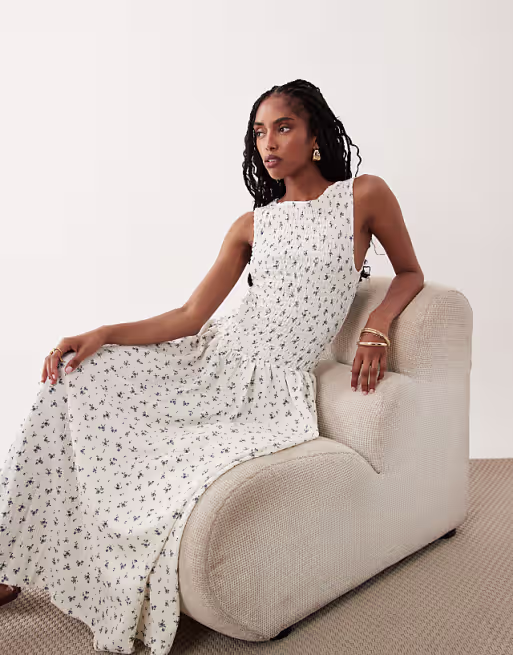 Brave Soul drop waist maxi racer dress with shirred bodice in white floral print