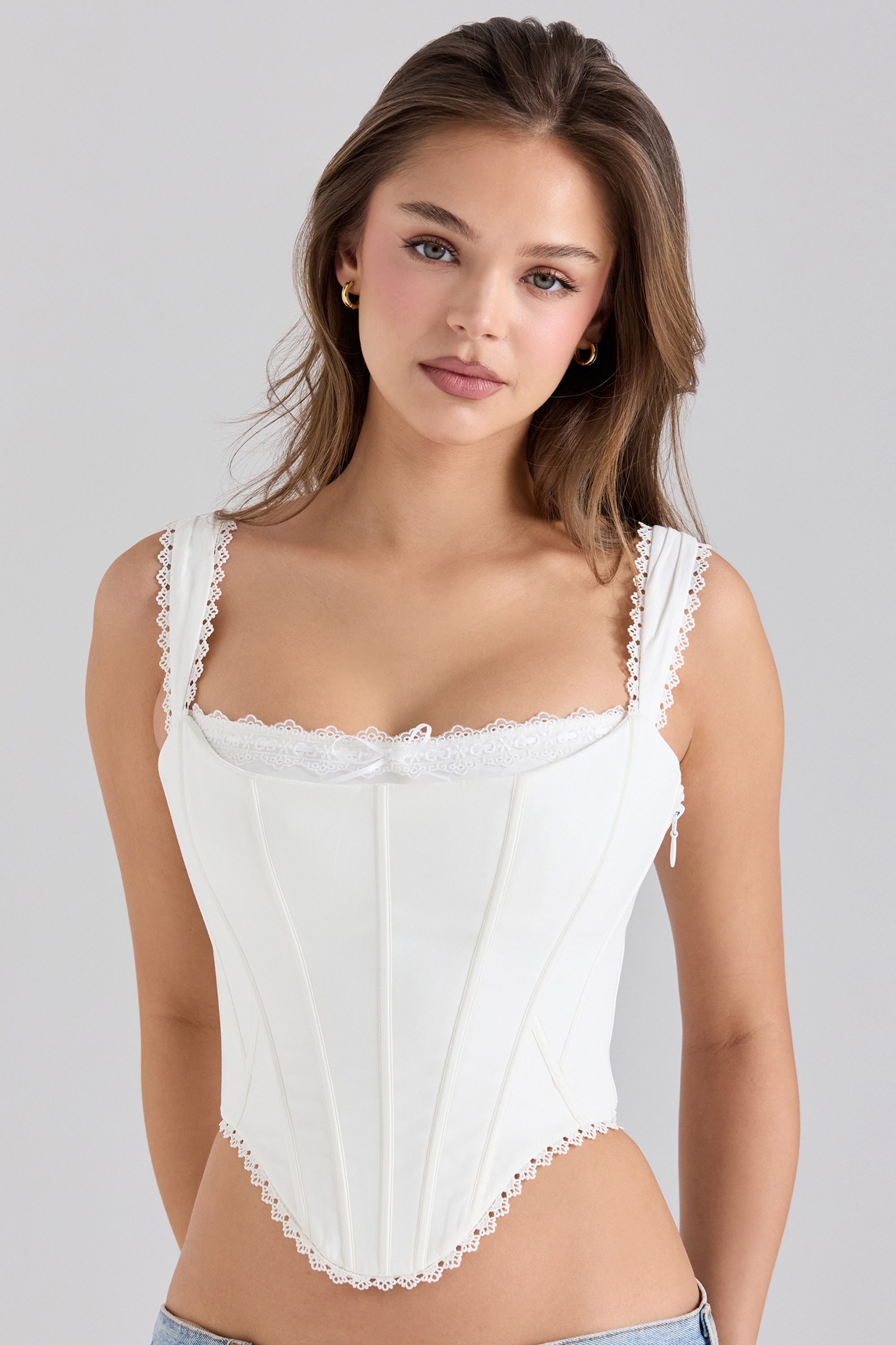 white stretch cotton scallop trim corset top