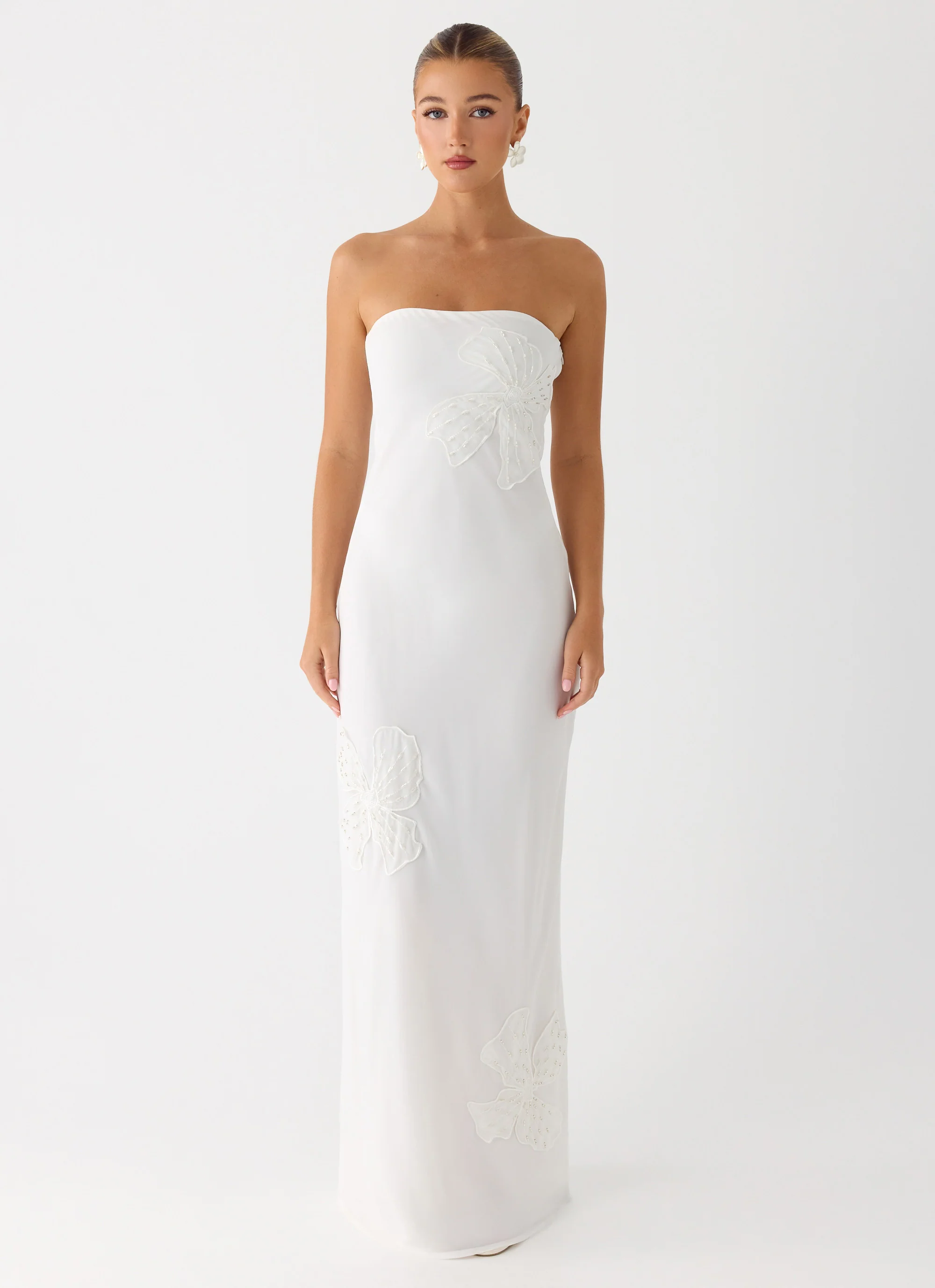 Sassafras Beaded Flower Strapless Maxi Dress - White