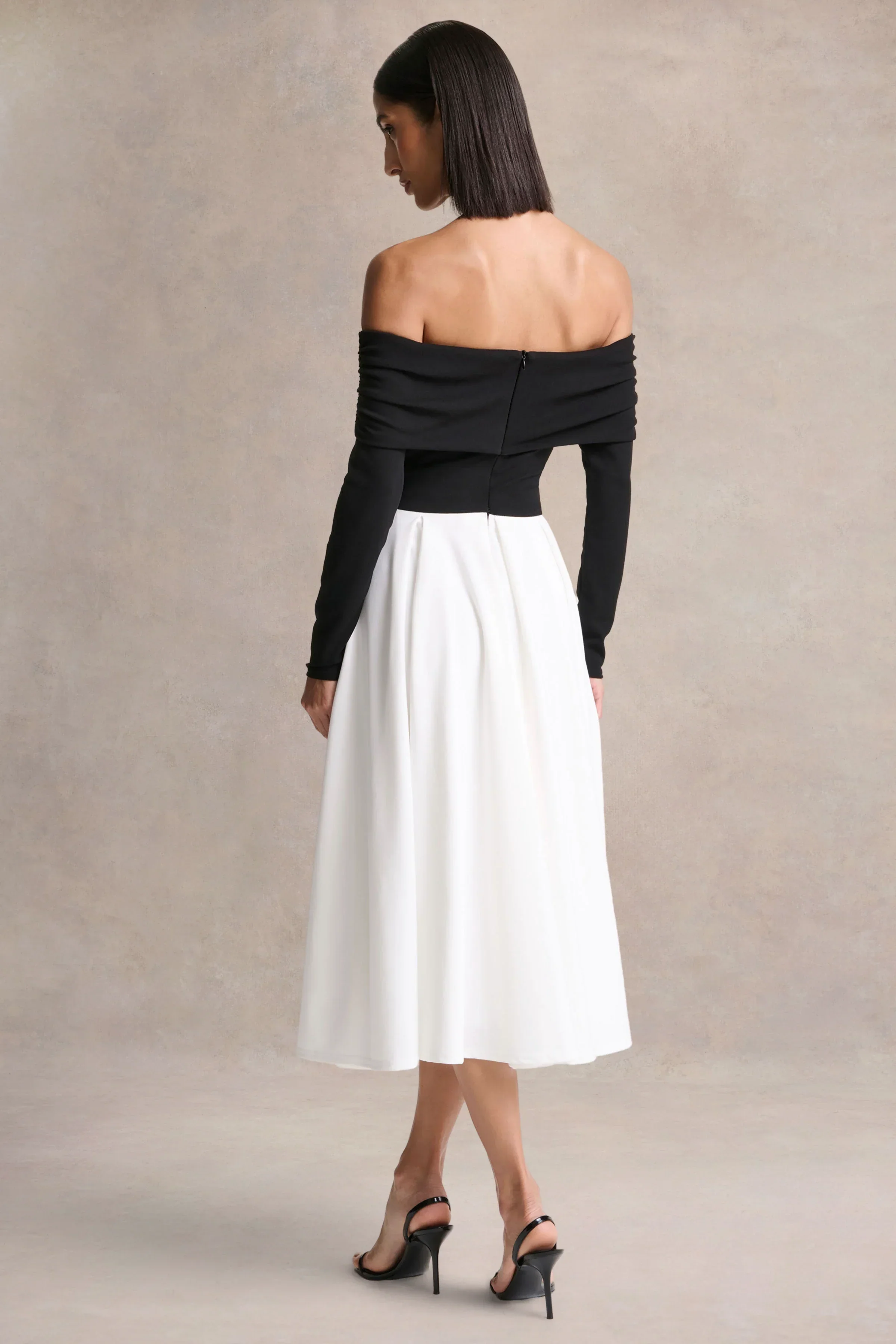 Frederica | Black And White Bardot-Neck Midi Dress