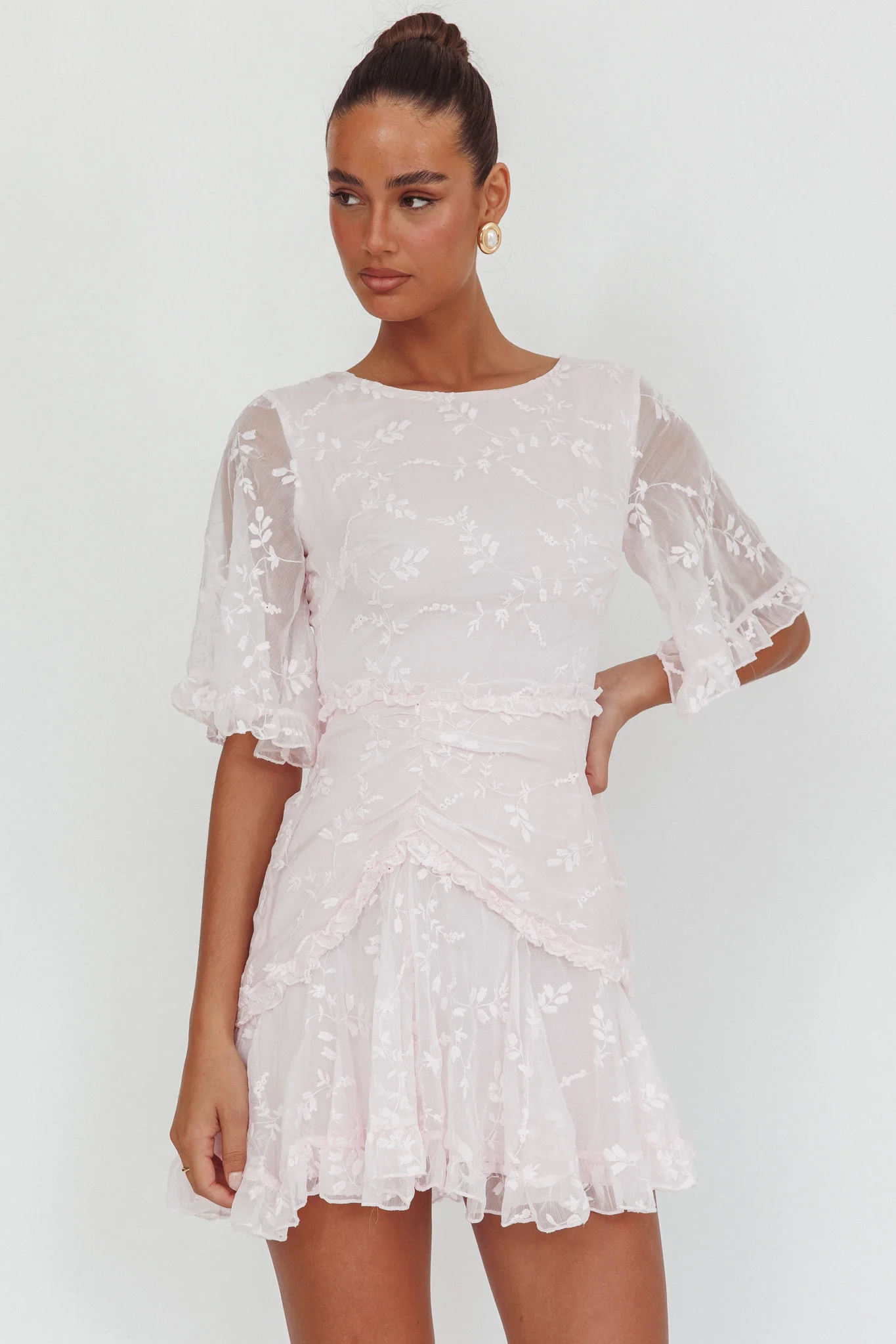 Leona Half Sleeve Frill Trim Dress Embroidered Blush - luluinthesky