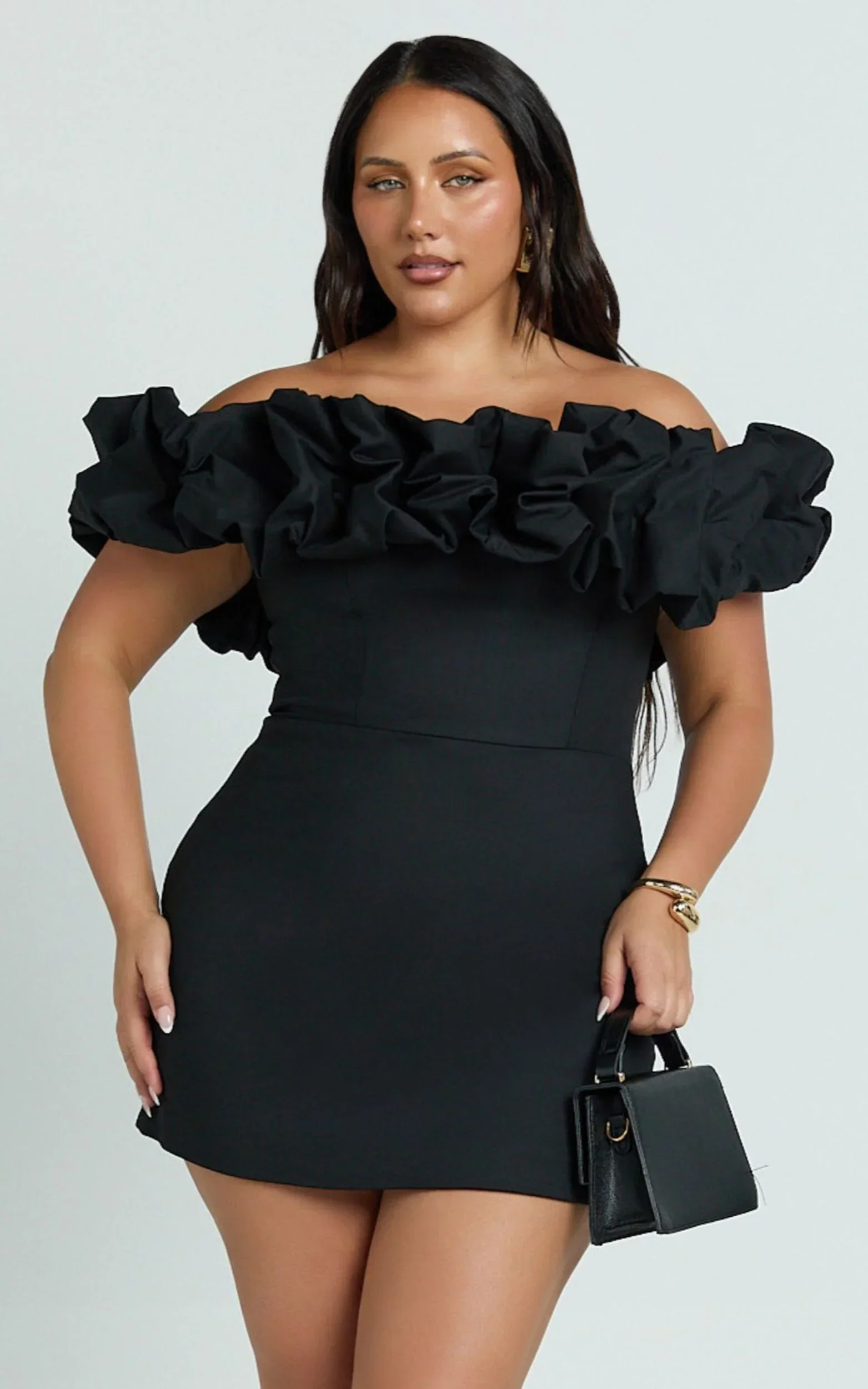 Coraline Mini Dress - Ruffle Off Shoulder Fitted Dress in Black