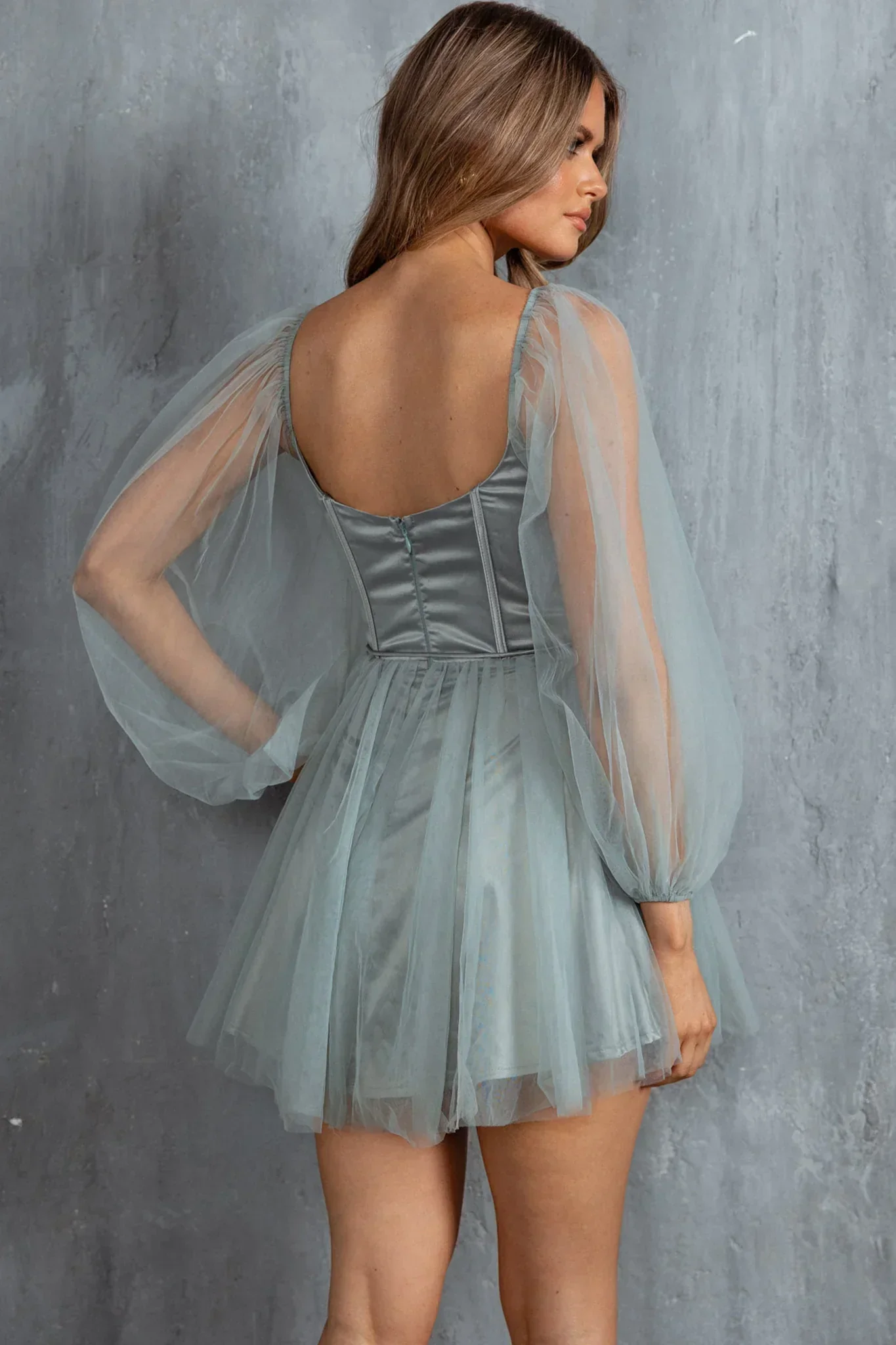 Fairytale Dream Sheer Sleeve Mini Dress Sage