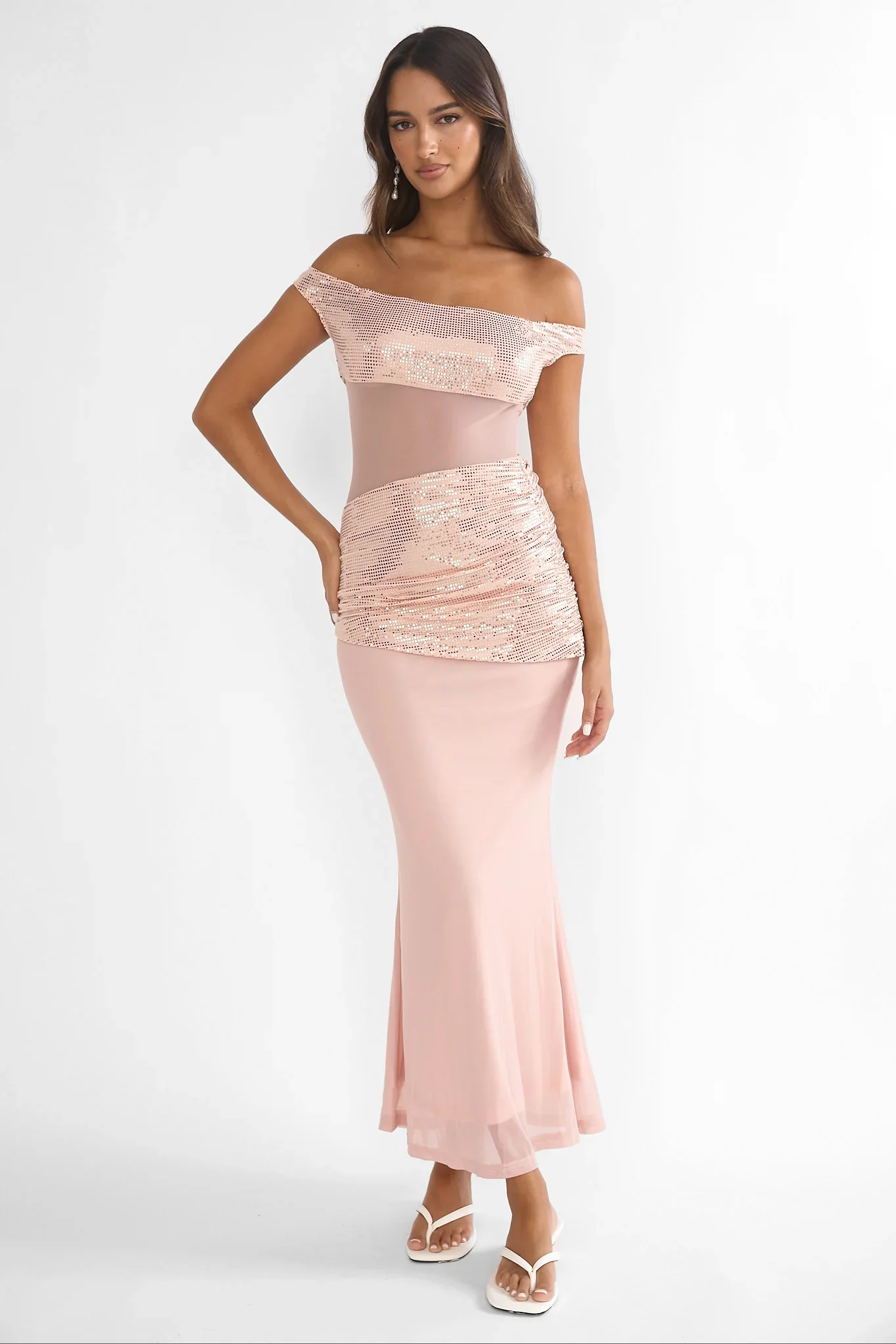 Bellora Off-Shoulder Sequin Trim Maxi Dress Nude