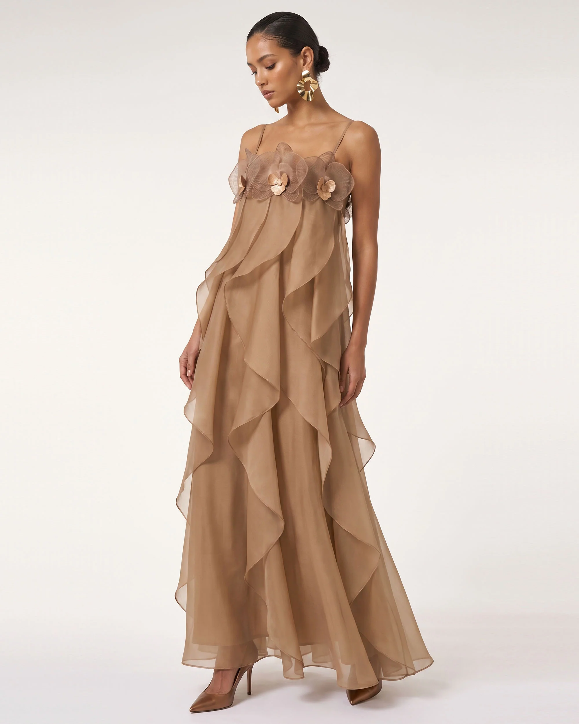 Orchid Embroidered Organza Maxi Dress - Light Brown - FASHION NOB