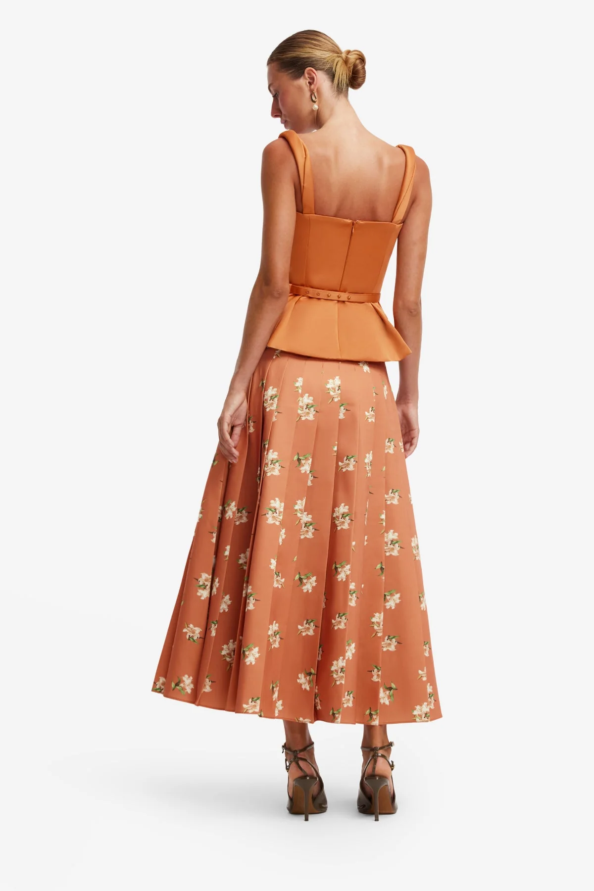 June Pleated Maxi Skirt - Lily Print in Ochre