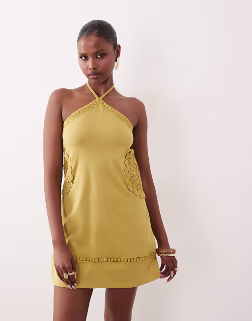 fit and flare crochet patch halter mini dress in khaki