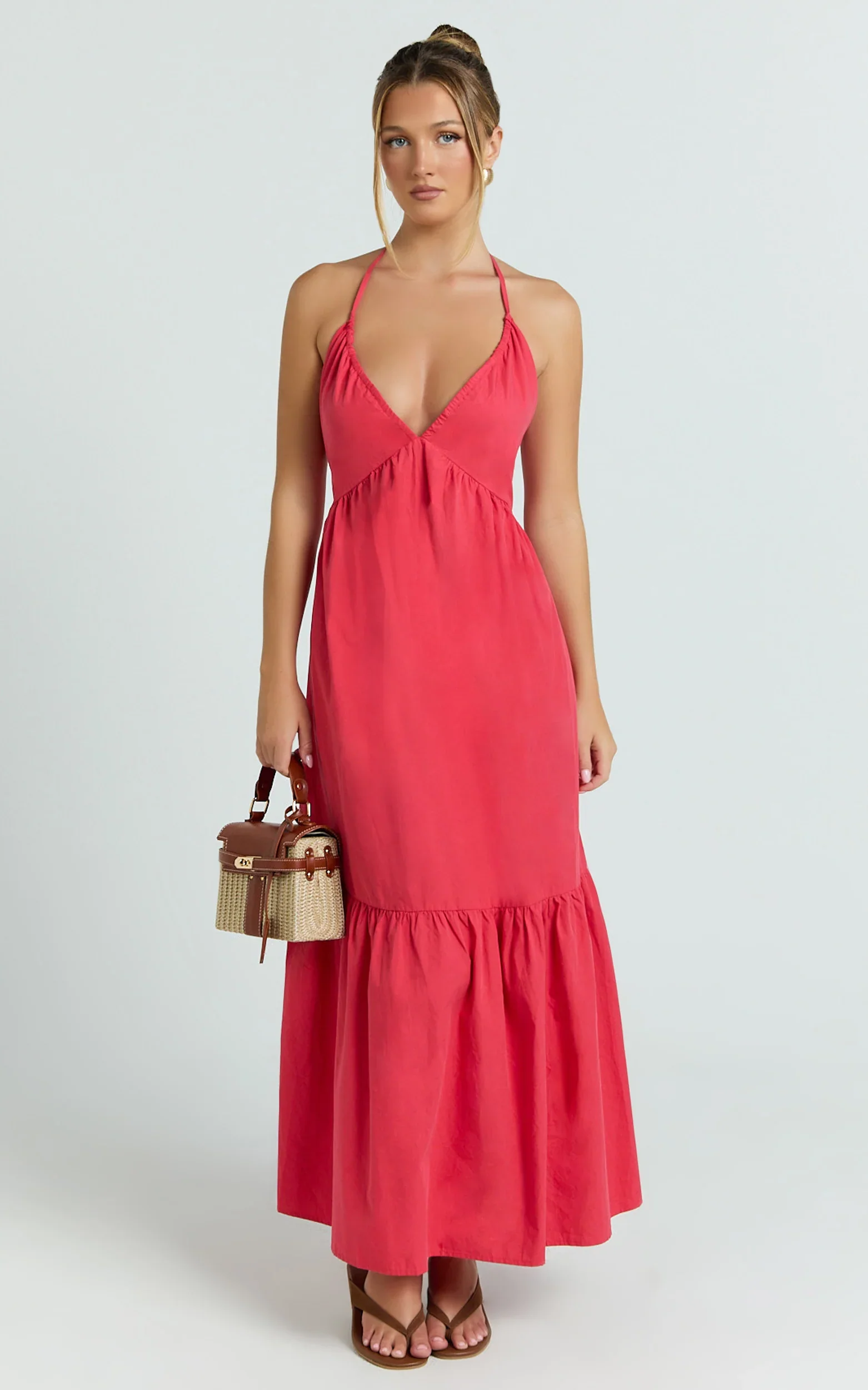 Augusta Midi Dress - Gathered Halter Neck Tiered Midi Dress in Red