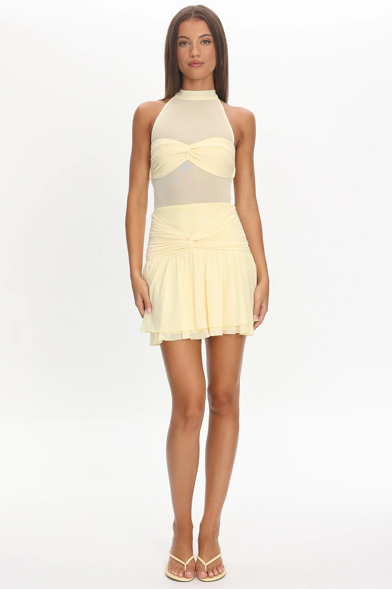 Savina Sheer Bodice Mini Dress Lemon - luluinthesky