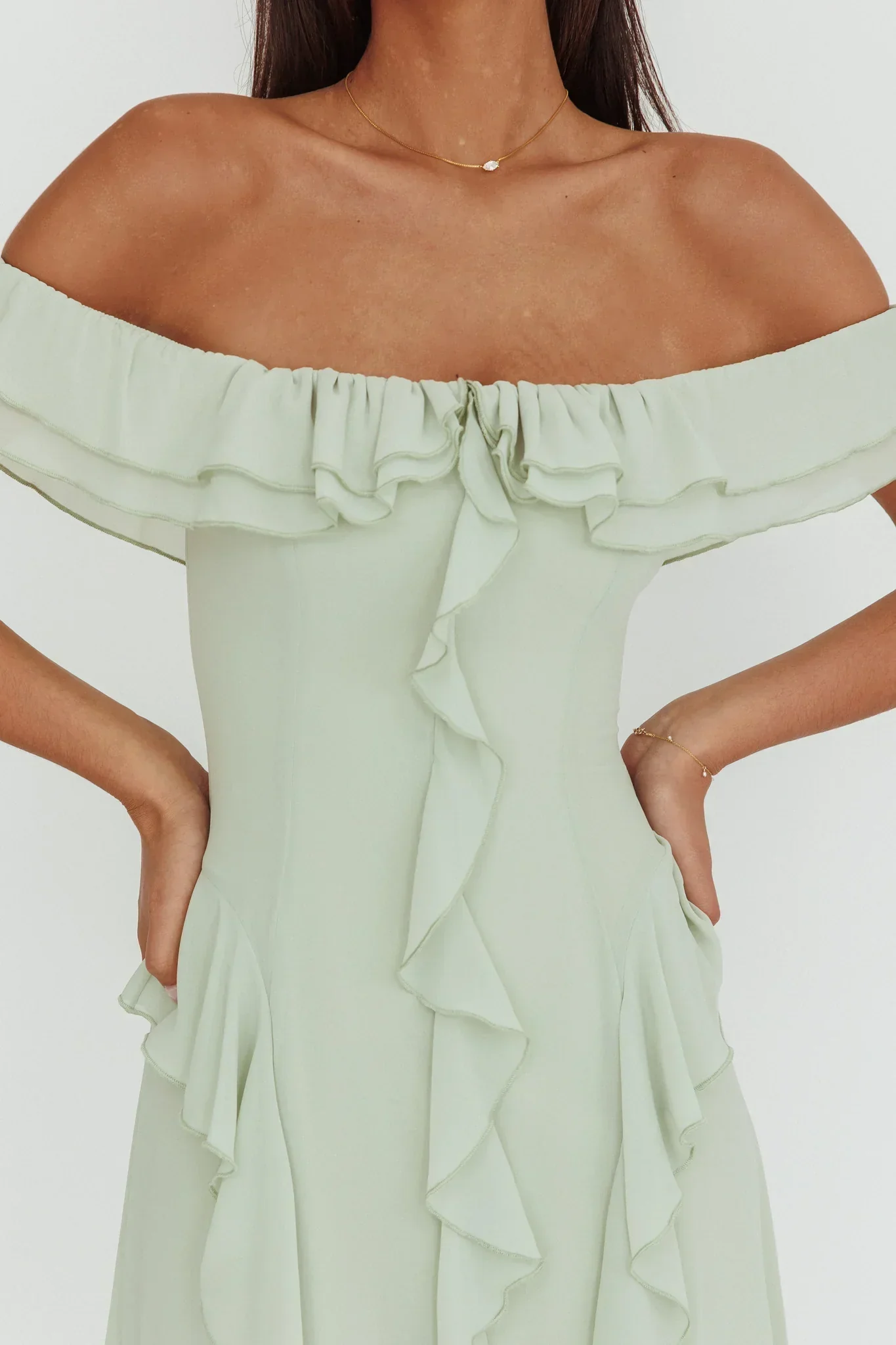 Scarlet Off-Shoulder Ruffle Trim Maxi Dress Sage