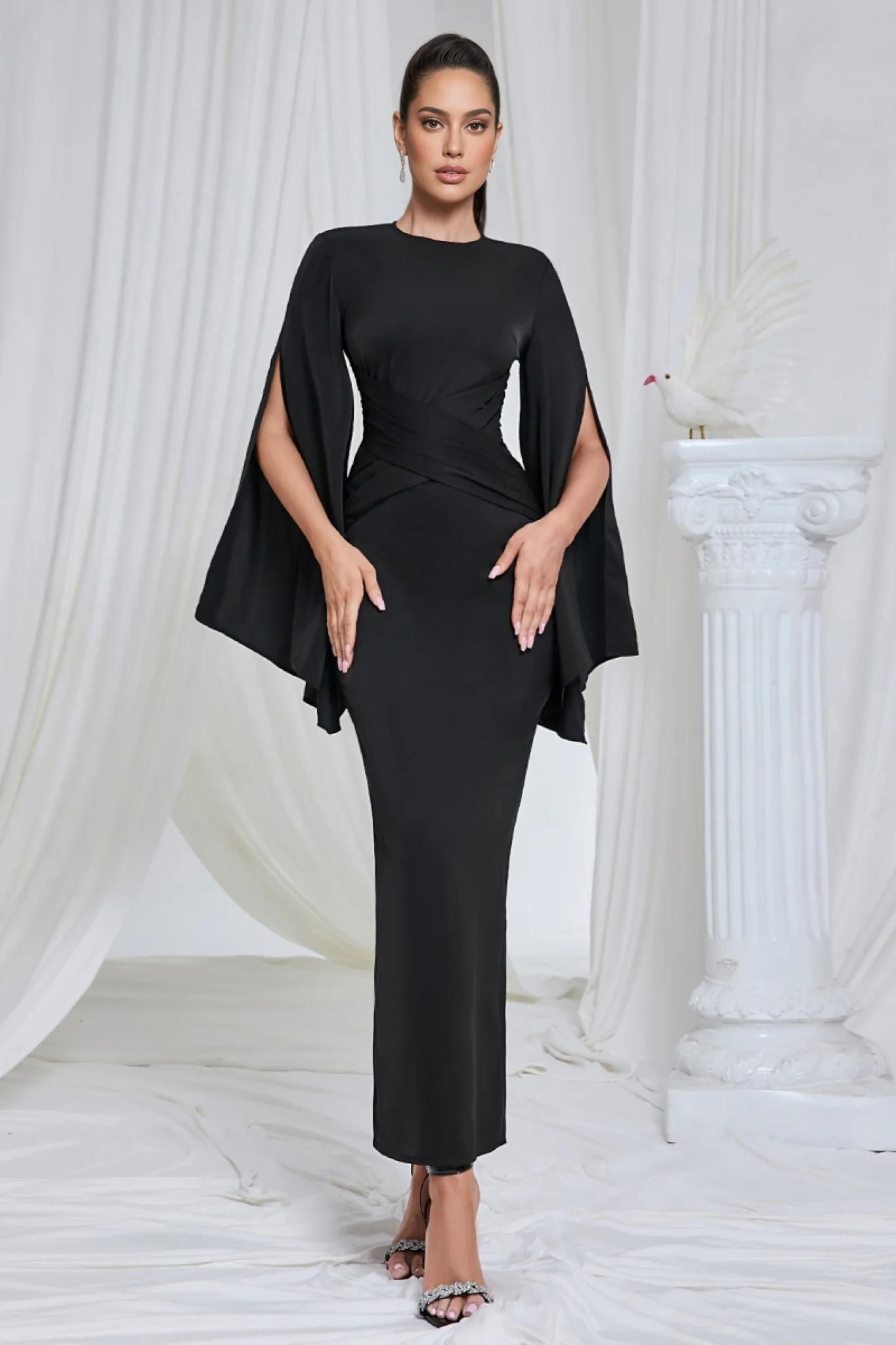 Nali Solid Black Round Neck Maxi Dress