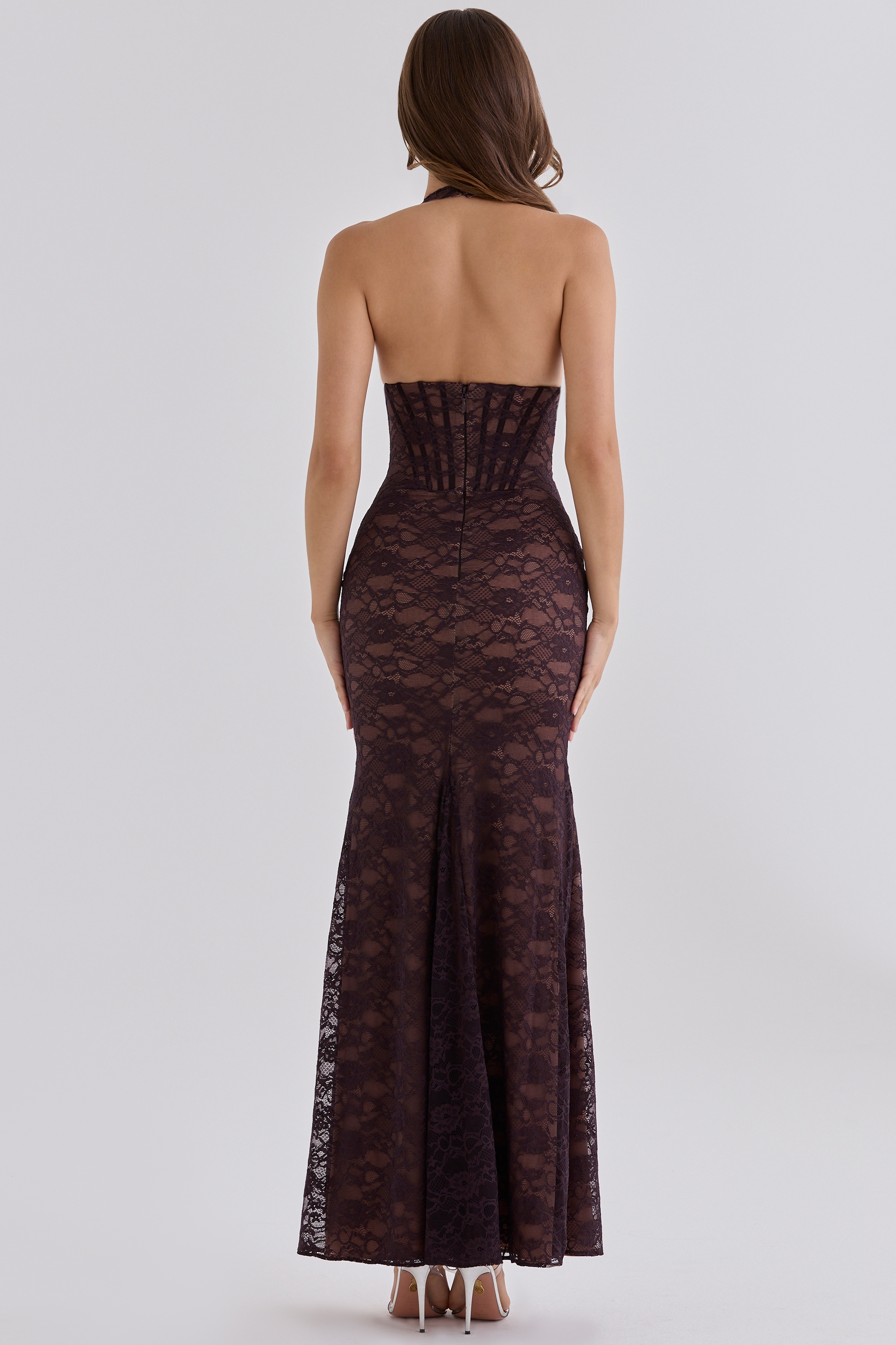 Chocolate Brown Lace Contouring Silhouette  Maxi Dress