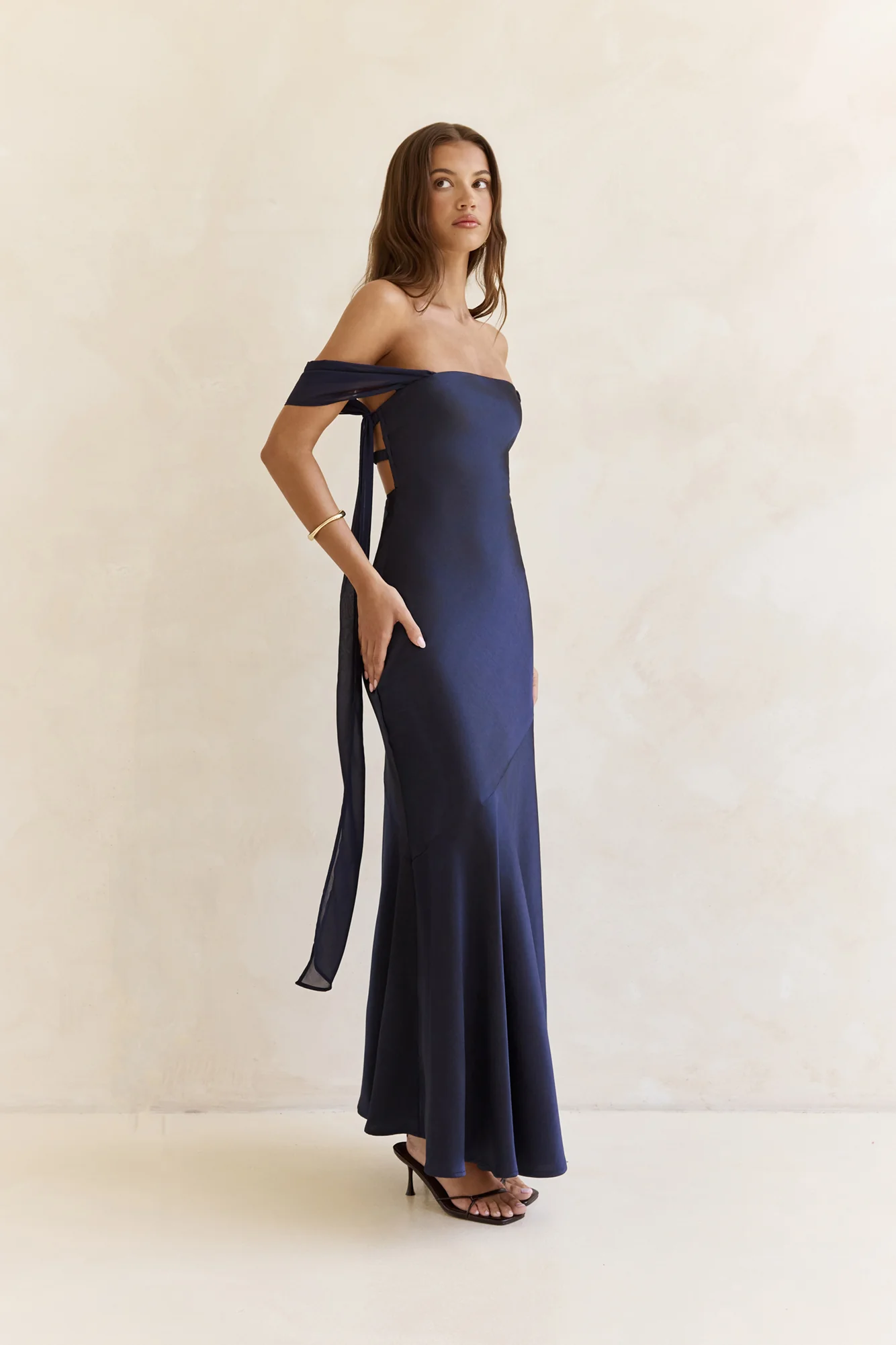 Late Night Dreams Off Shoulder Satin Maxi Dress Navy - luluinthesky