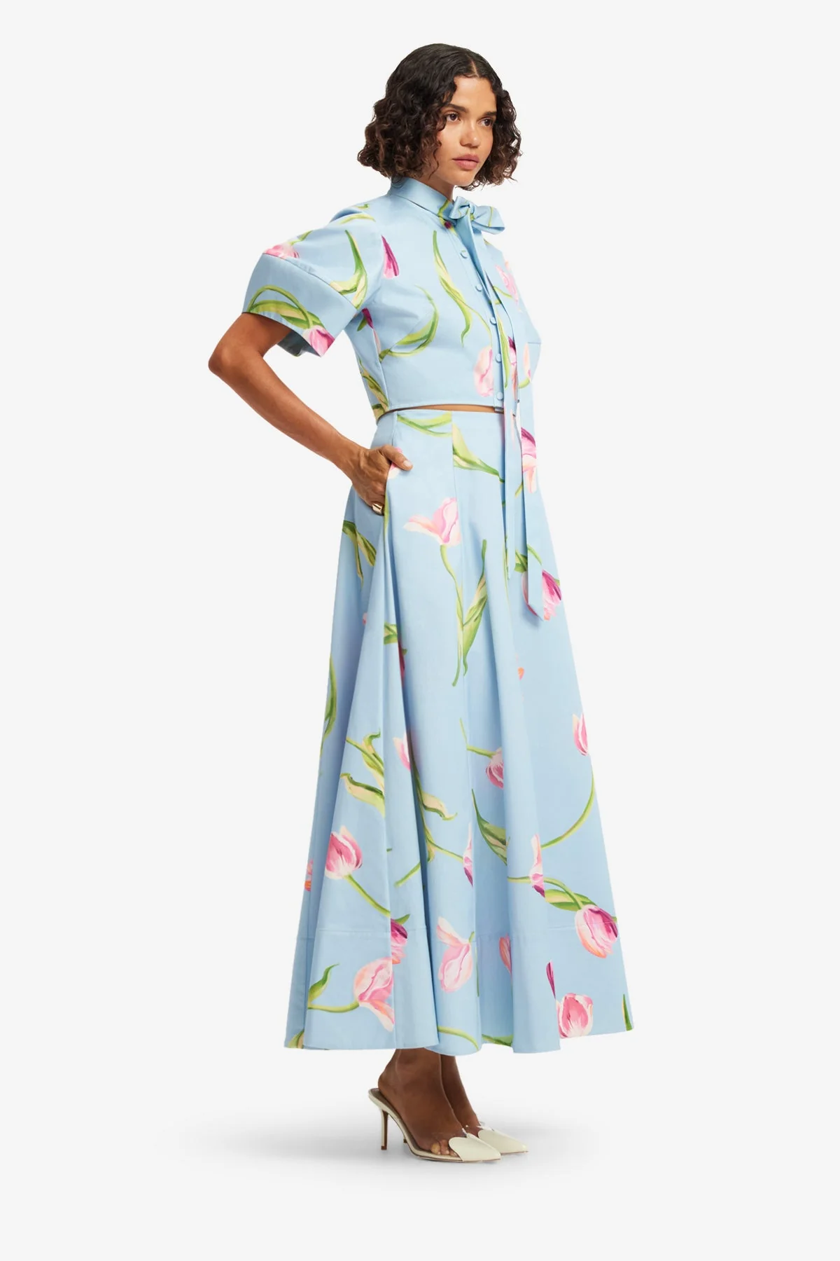 Molly Puff Sleeve Top - Tulip Print in Blue