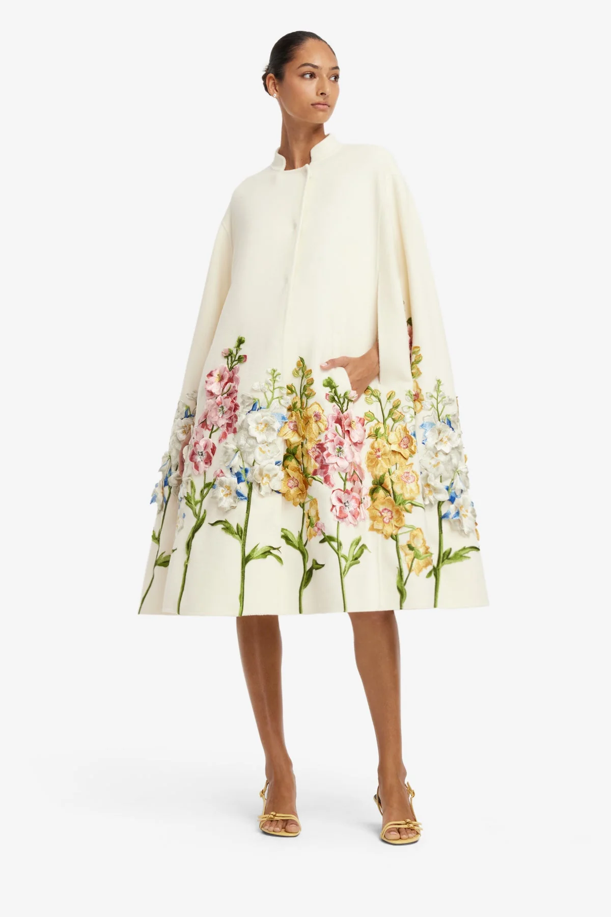Clover Embroidered Wool Cape Jacket - Snapdragon Print in Snow