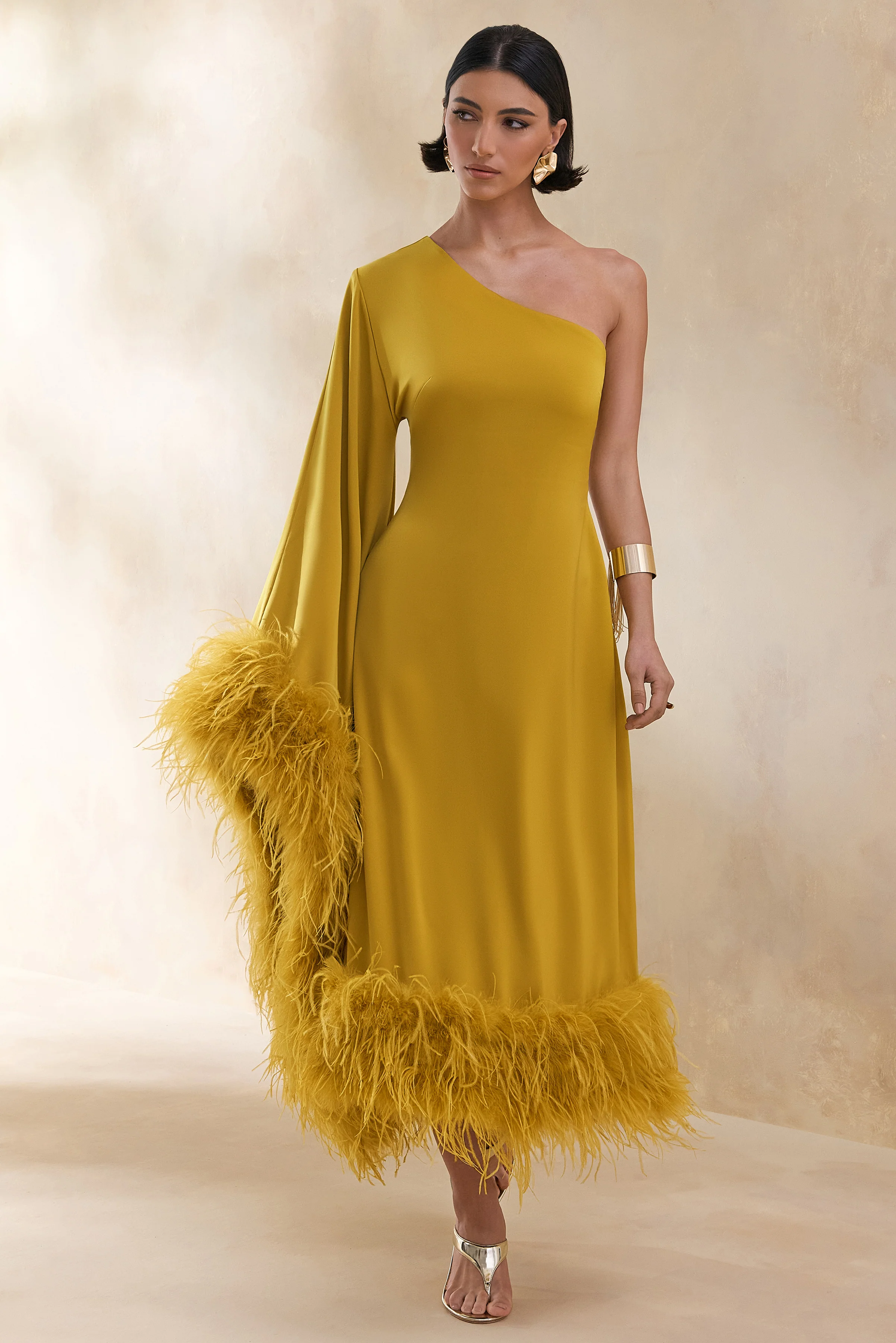 Destiny | Yellow Satin Asymmetric-Neck Midi Dress With Feather Details