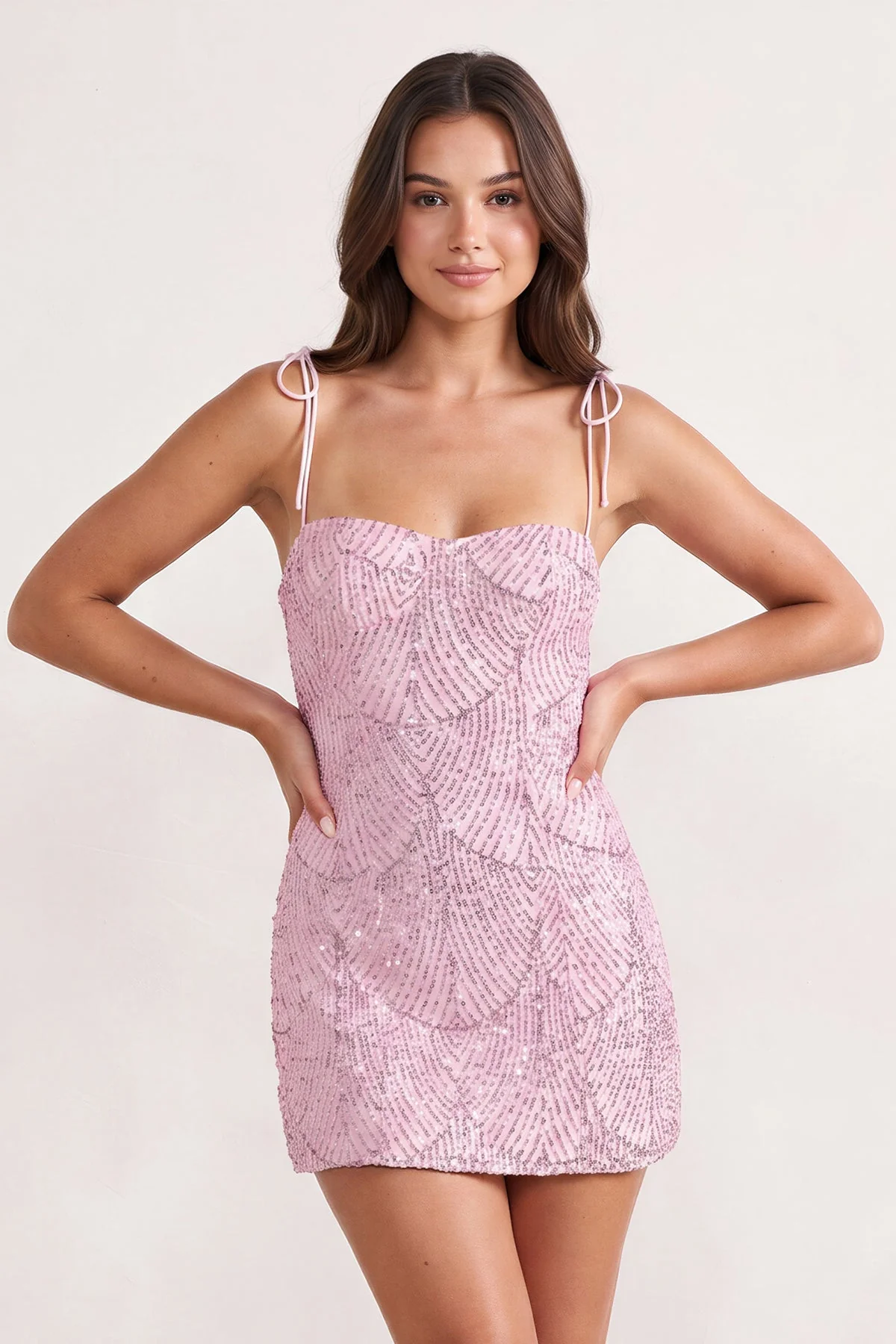 Pink Sparkly Sequin Sheath Bow Spaghetti Straps Homecoming Dress