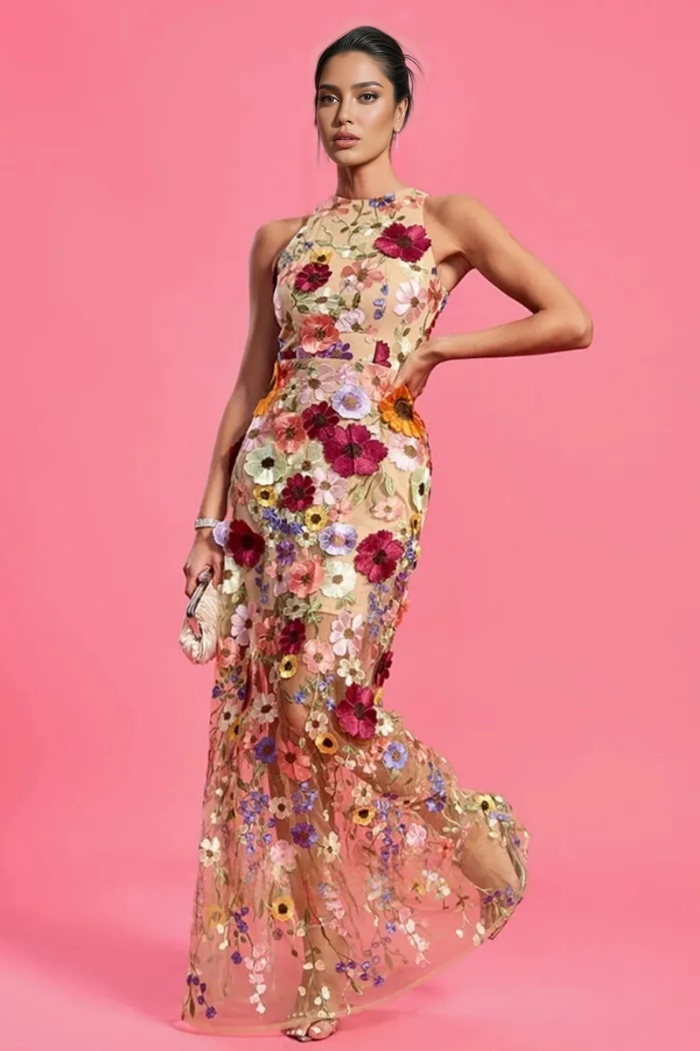 Hella Sleeveless Embroidery Flowers Maxi Dress