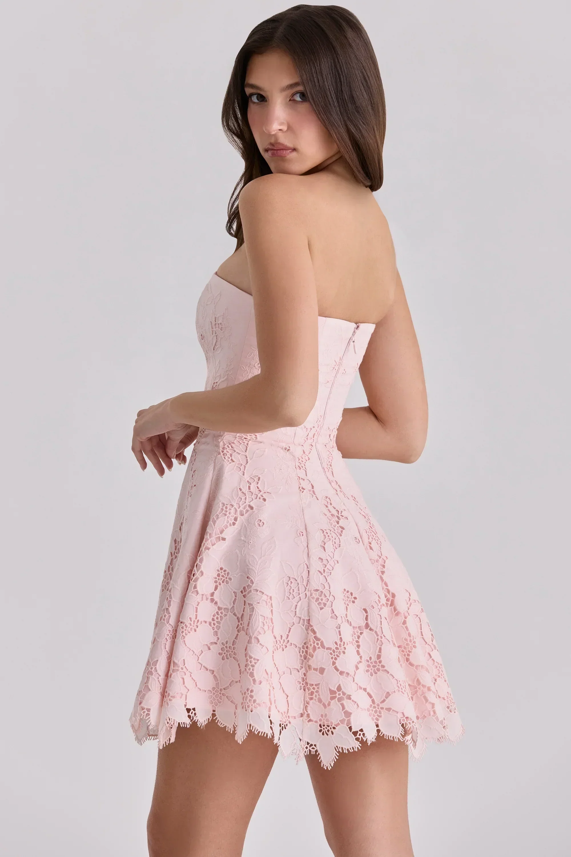 Pink Strapless Cut Out Broderie Anglaise Mini Dress - luluinthesky