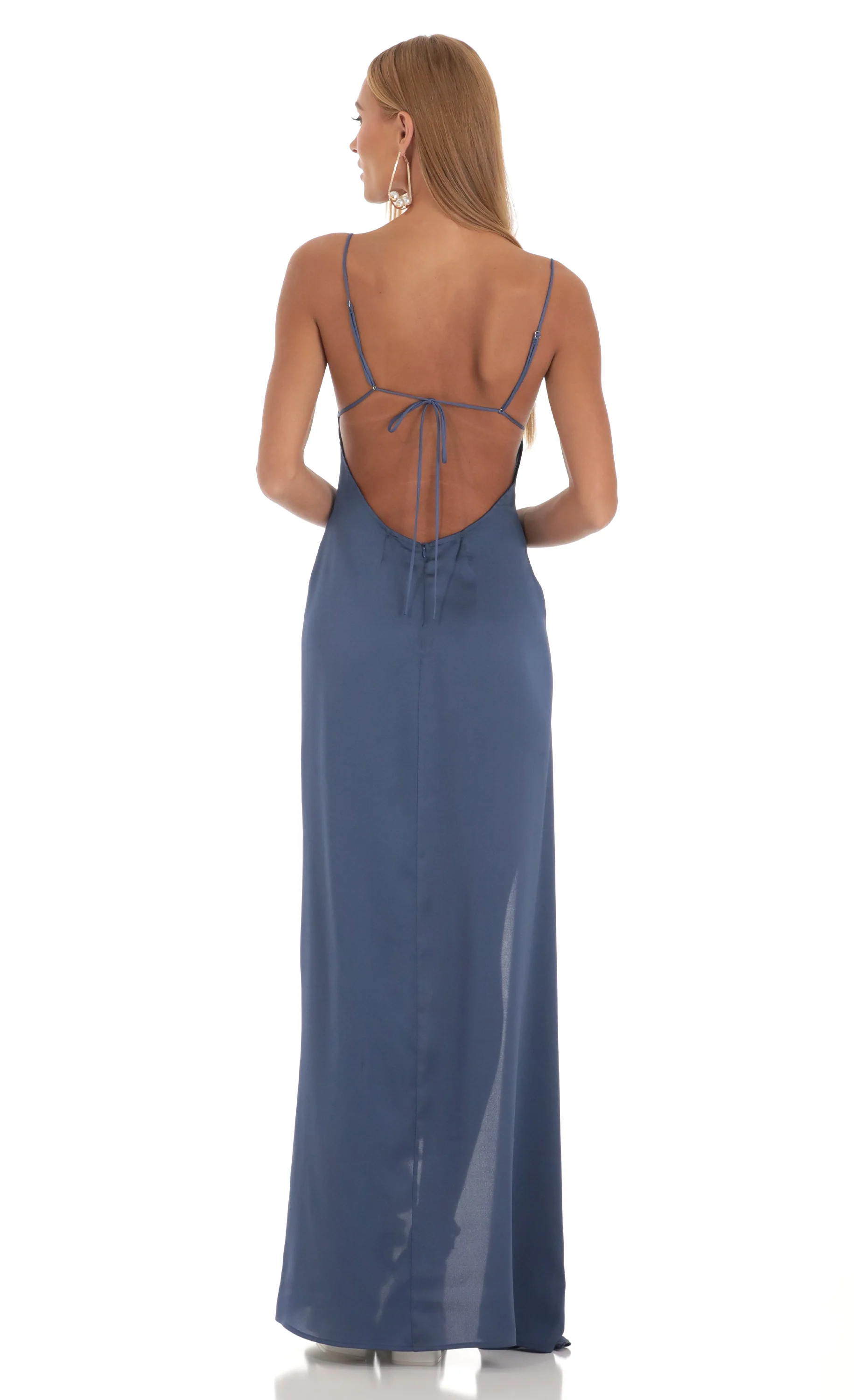 Satin Ruffle Maxi Dress in Blue