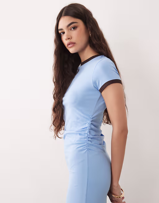 contrast ringer detail midi T-shirt dress in dusty blue