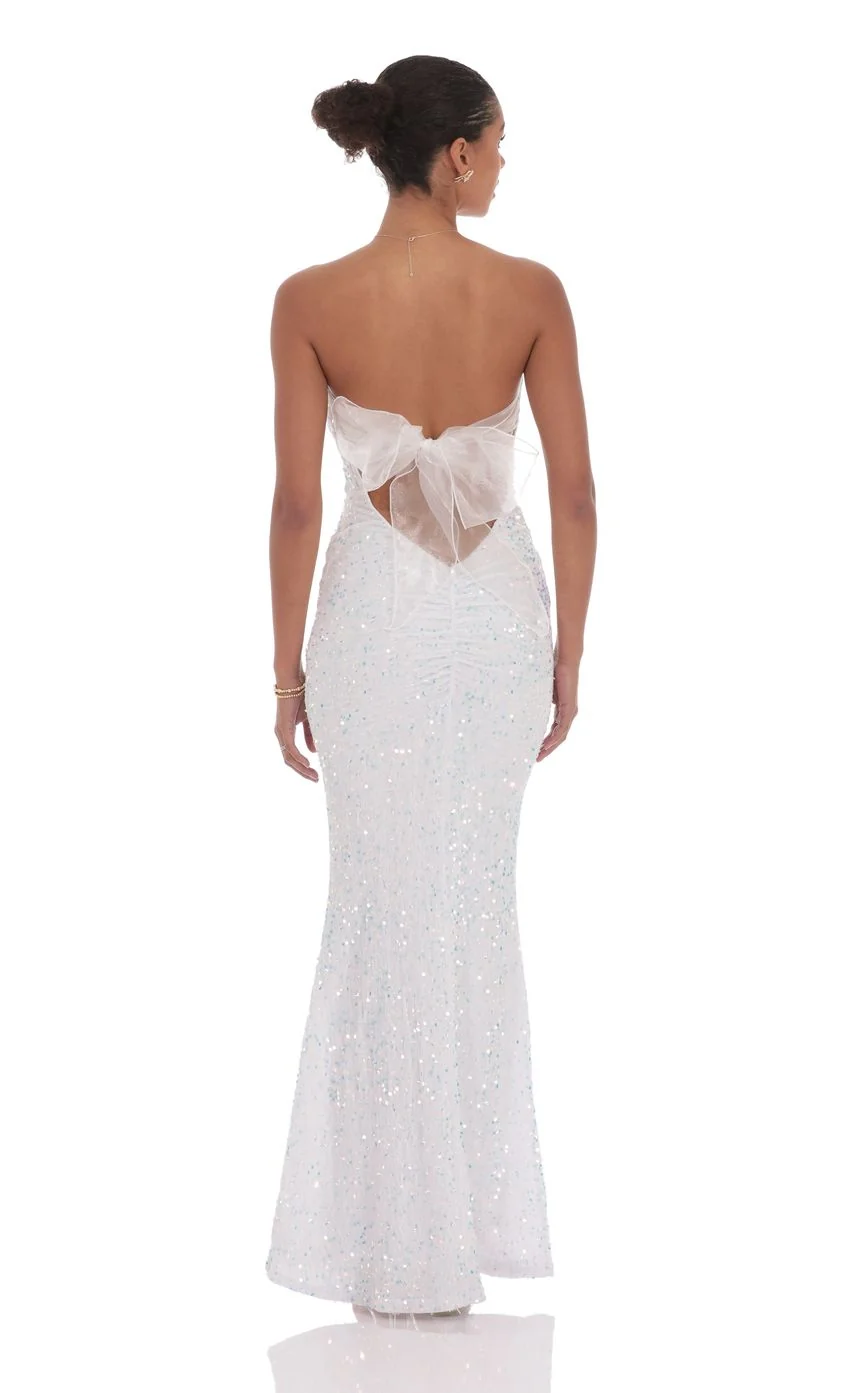 Velvet Sequin Strapless Maxi Dress in White