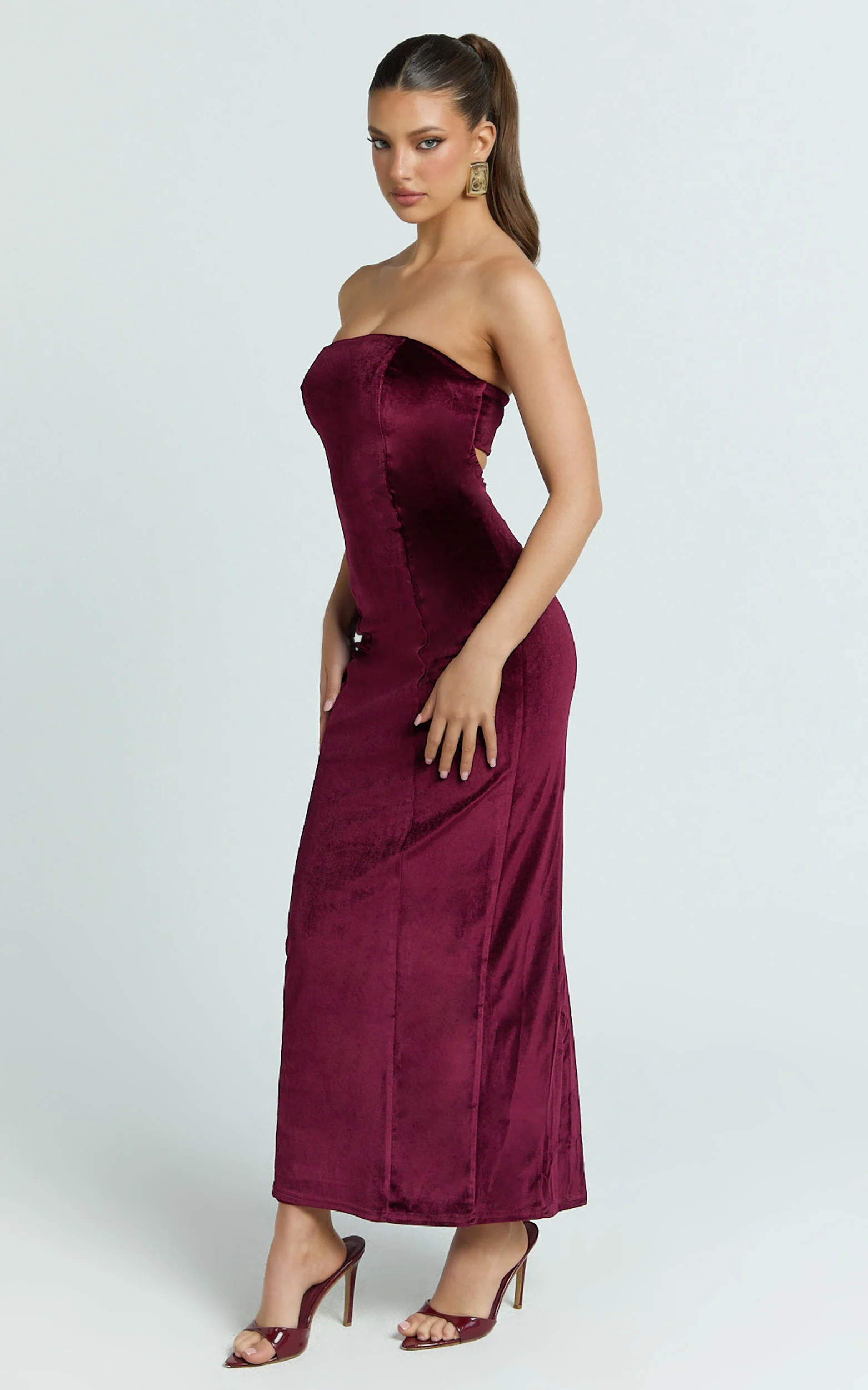 Cartia Midi Dress - Velvet Strapless Bodycon Dress in Wine