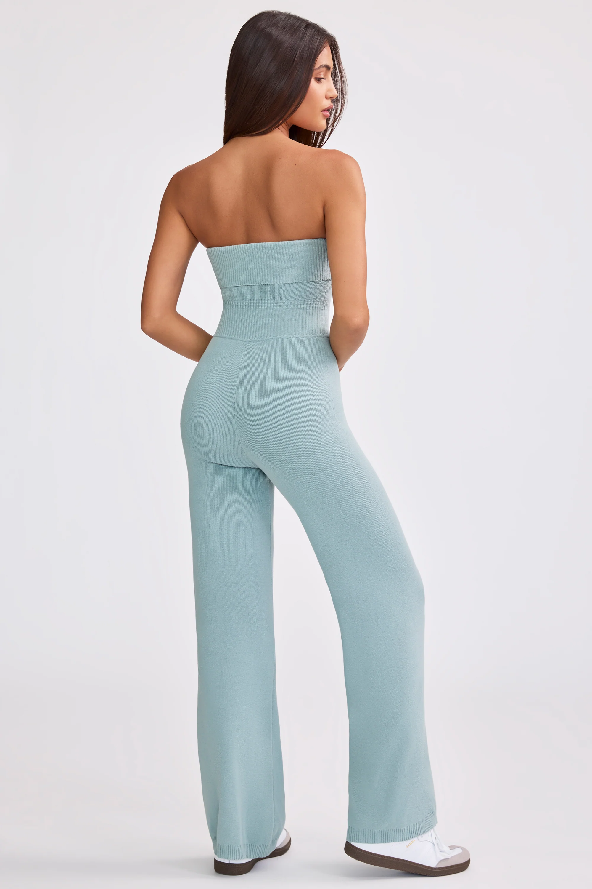 Chunky Knit Bandeau Kick Flare Jumpsuit in Dusty Teal