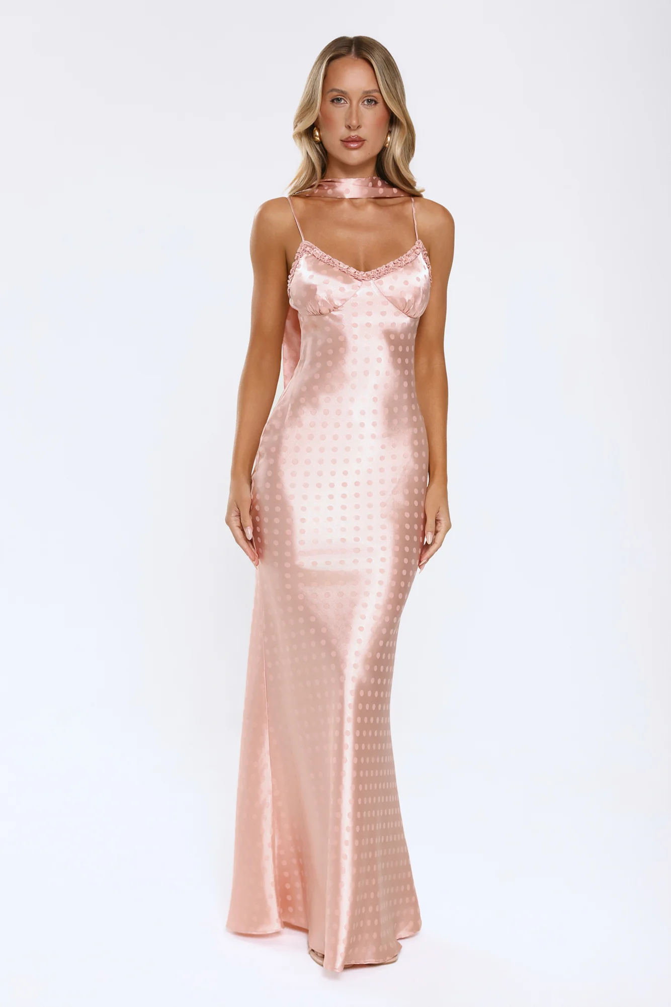Summer Tease Polka Dot Satin Maxi Dress Pink