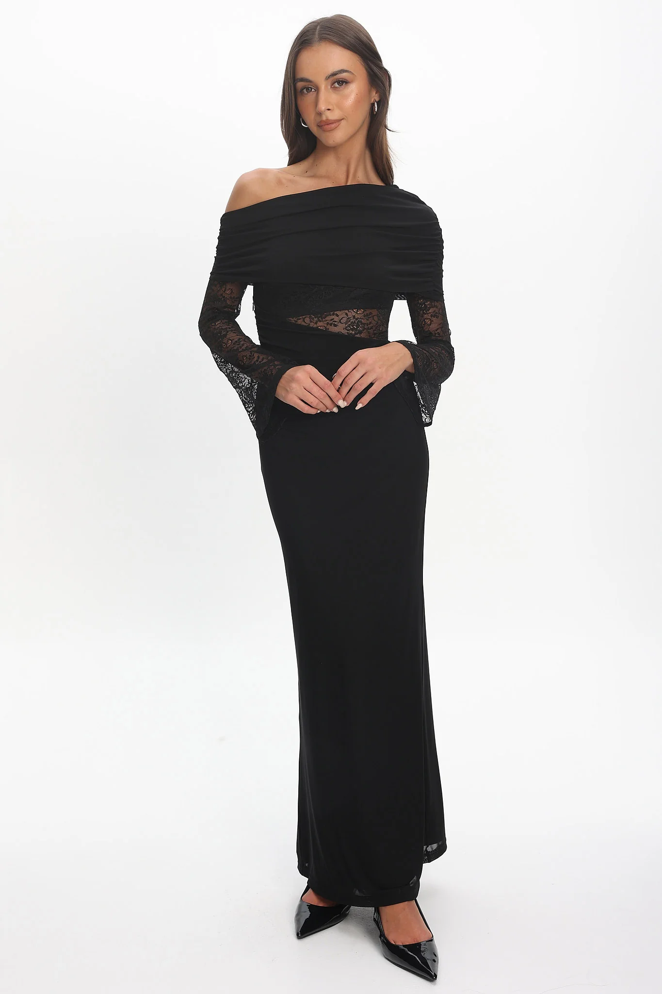 Alivya Asymmetric Neckline Lace Trim Maxi Dress Black