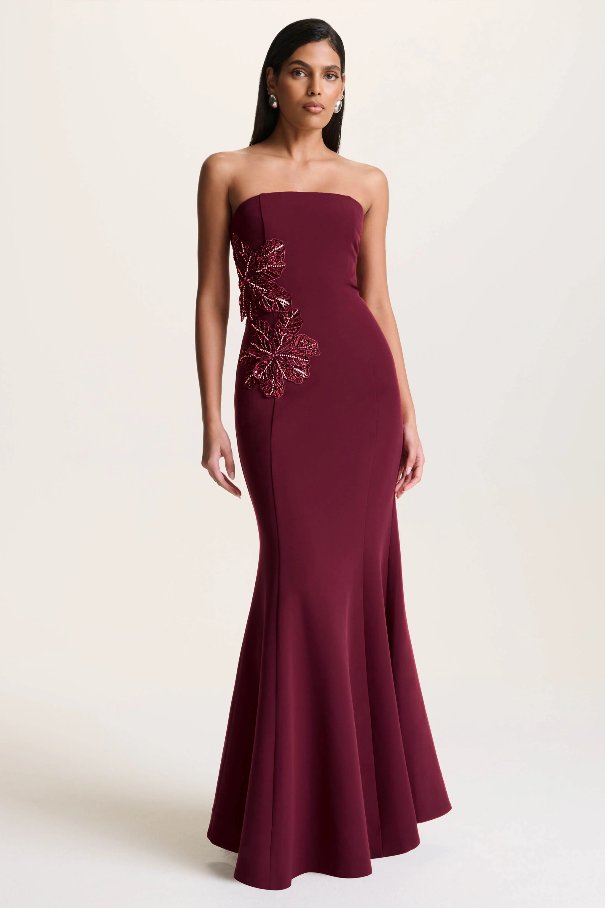 Aylana | Burgundy Bandeau Maxi Dress With Embellished Detail