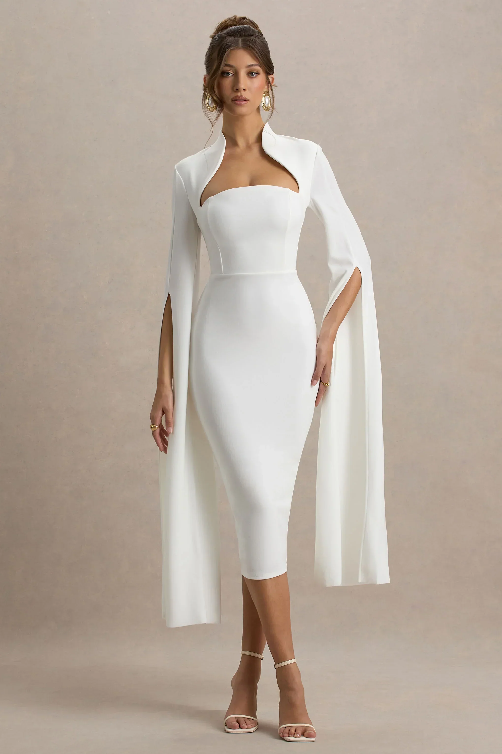 Linden | White Bodycon Cape-Sleeve Midi Dress