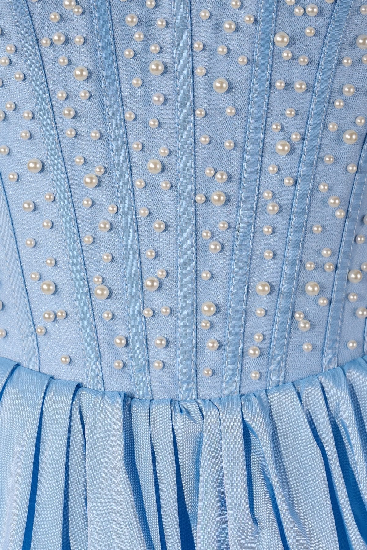 Sky Blue Strapless A Line Satin Ruffles Homecoming Dresses With Pearls