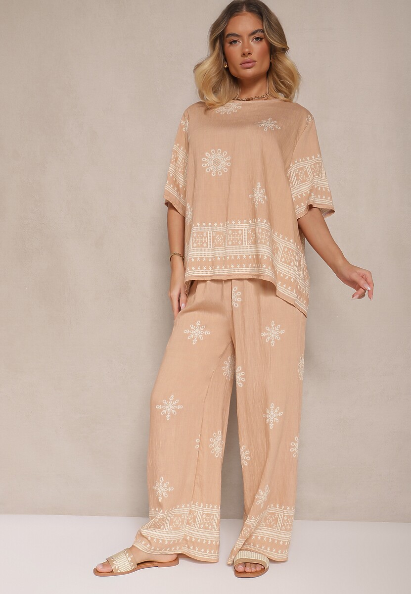 Beżowy Komplet Oversize z Bluzką i Luźnymi Spodniami w Stylu Boho Ronivara
