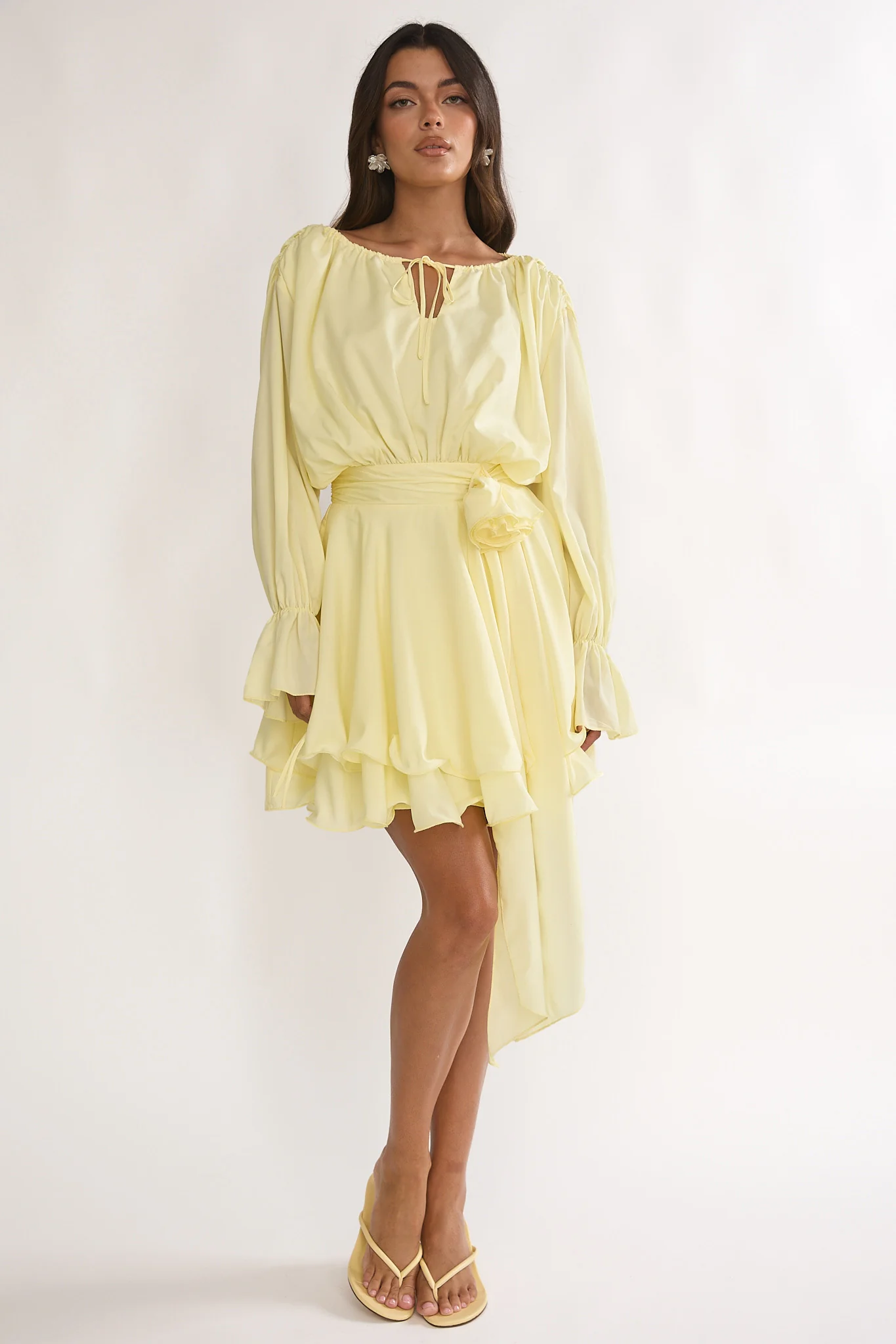 Maeva Long Balloon Sleeve Rosette Mini Dress Lemon - luluinthesky