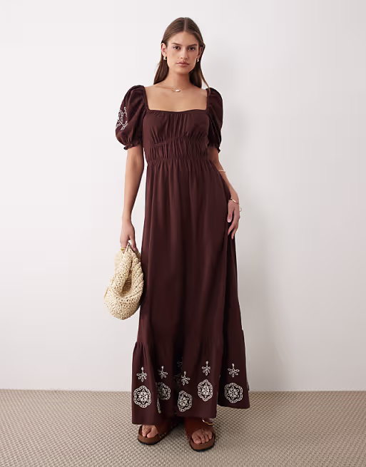 Miss Selfridge puff sleeve maxi dress with embroidery