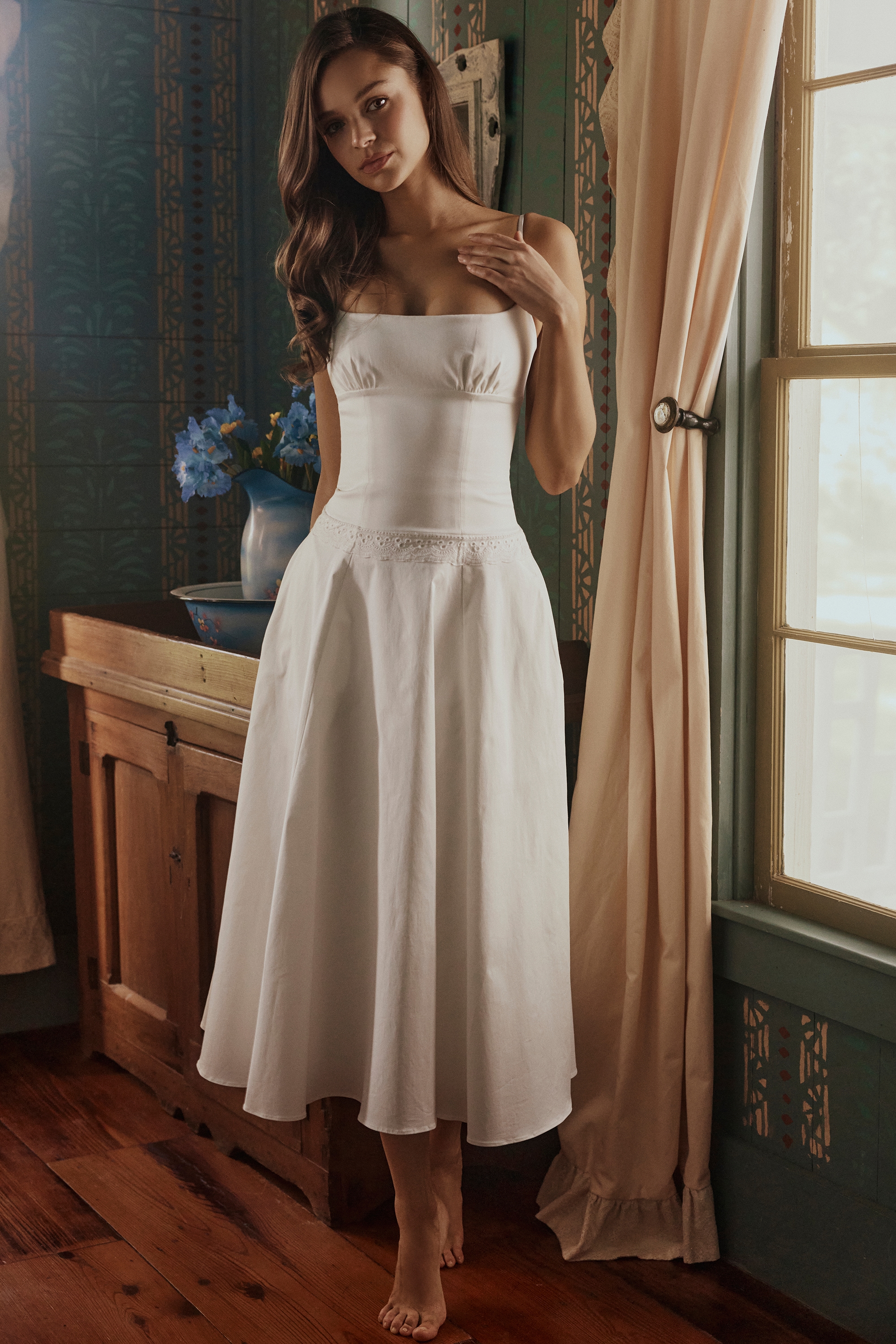 white cotton broderie anglaise trim midi sundress