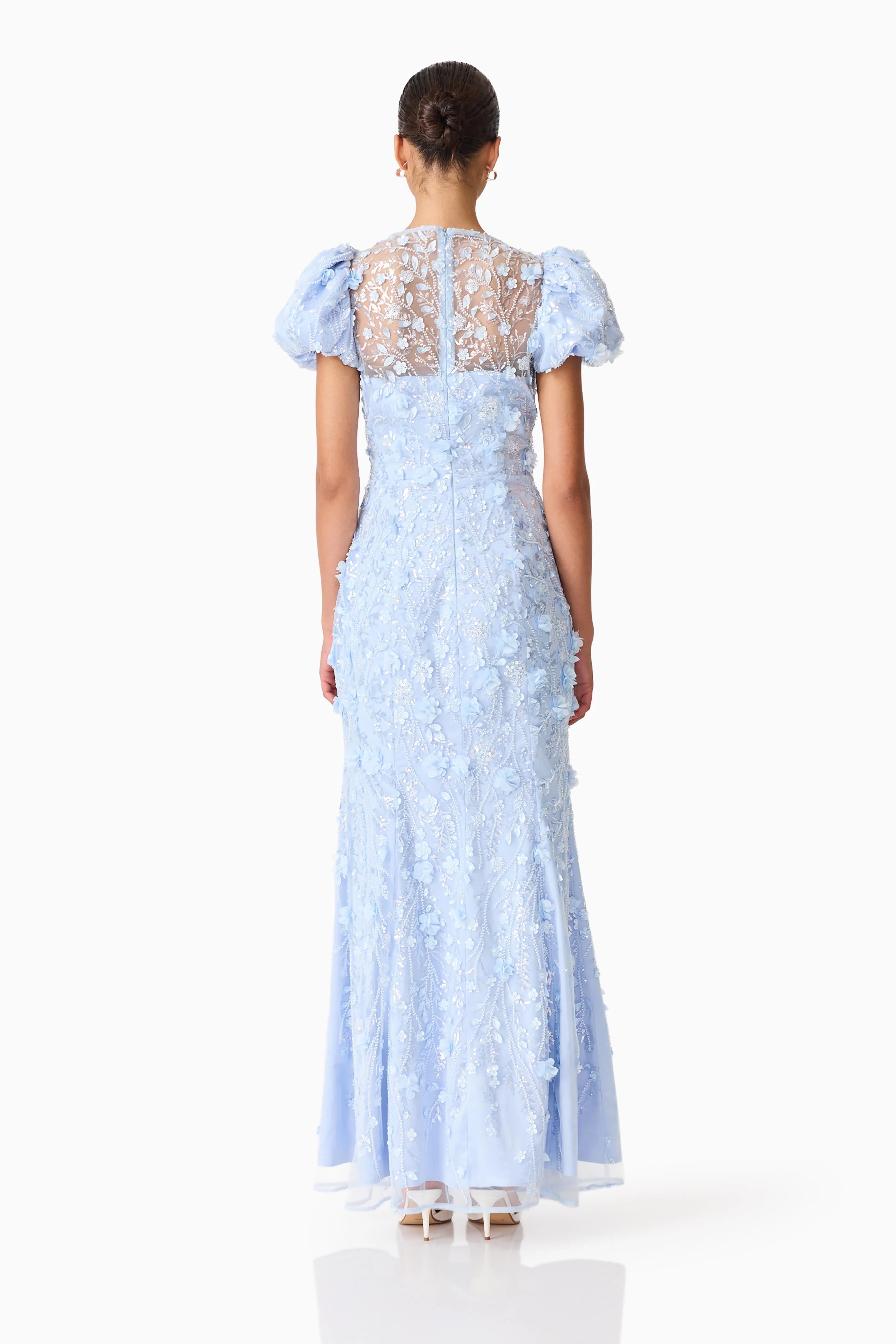 Rina Beaded Puff Sleeve Gown in Blue