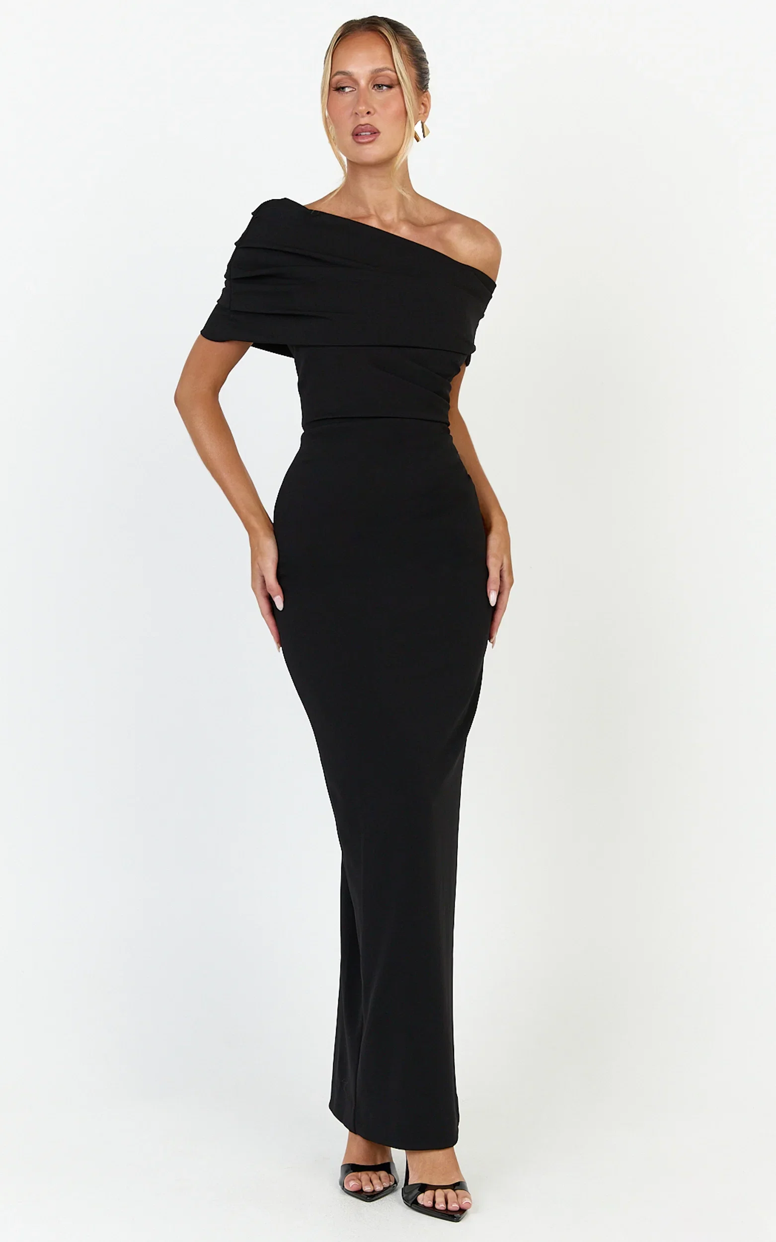 Ottilie Maxi Dress - Pin Tucked One Shoulder Fitted Dress in Black