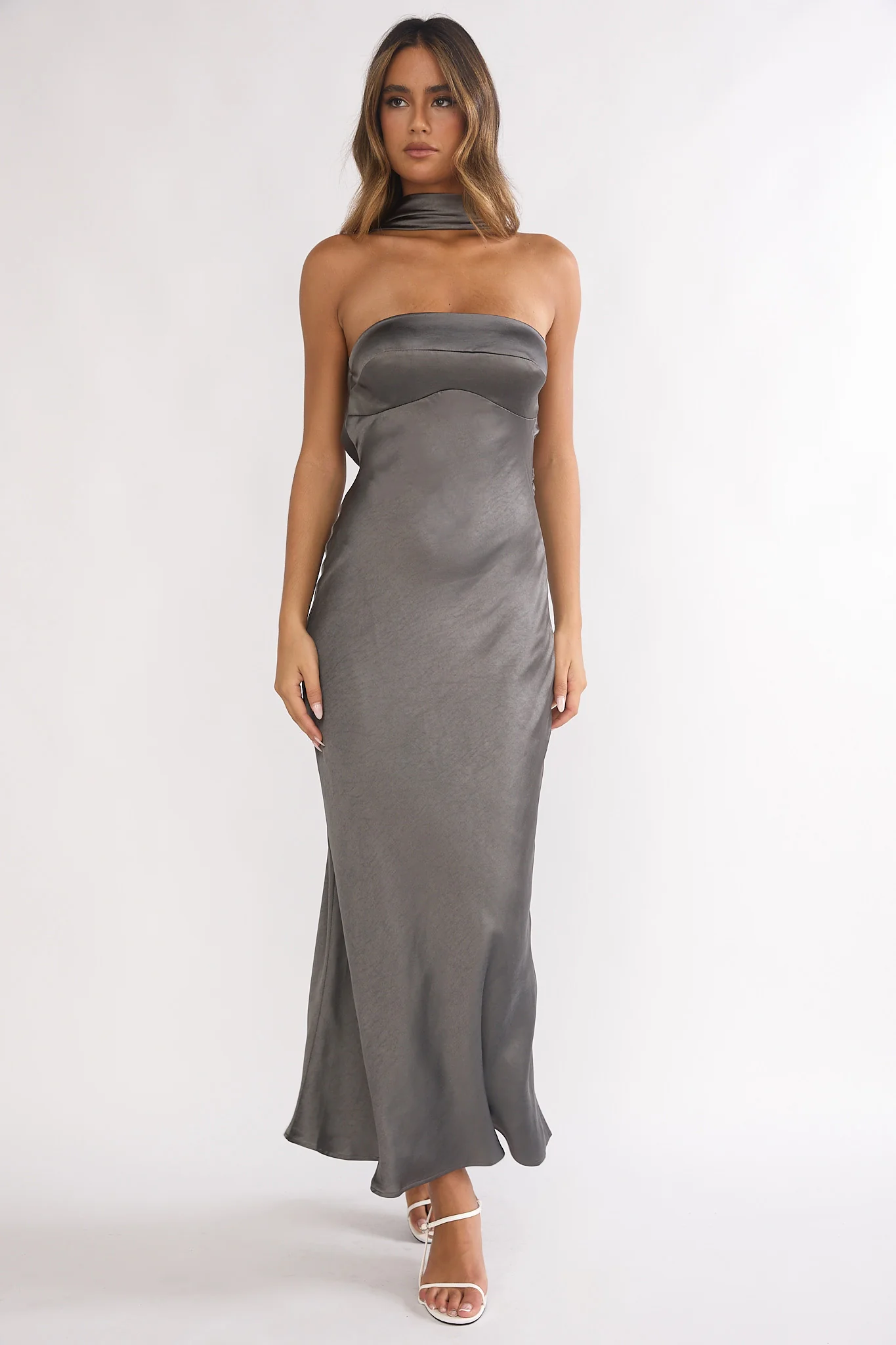Damsel Reverse Halter Maxi Dress Satin Charcoal