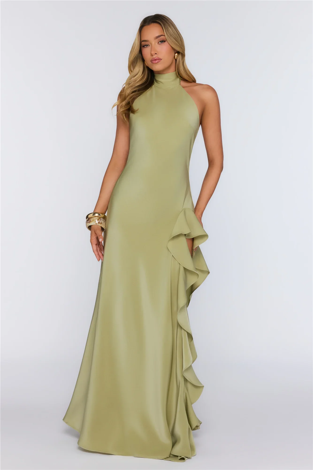 Dreamlight Halter Satin Maxi Dress Khaki