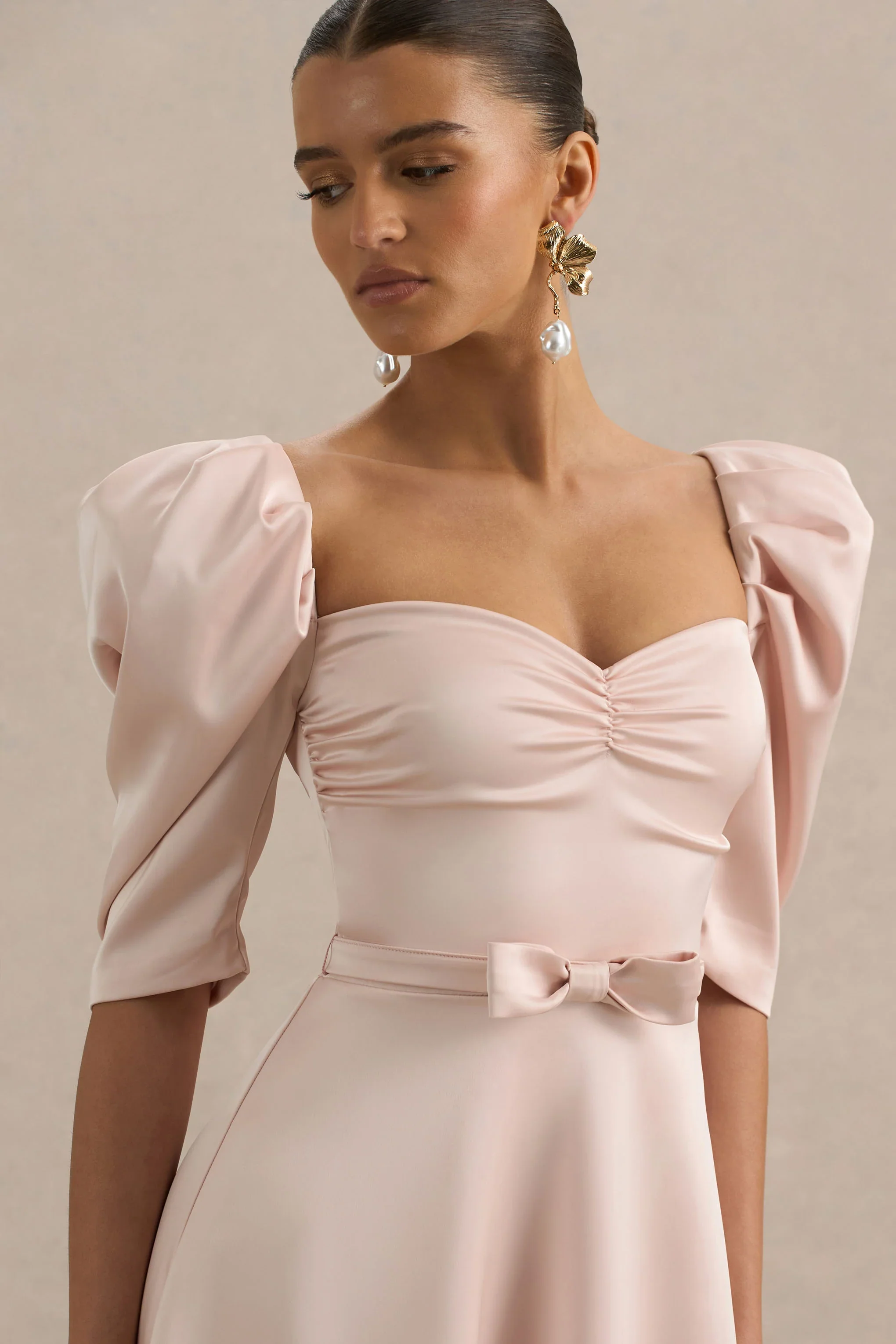 Rosey | Pale Pink Satin Sweetheart Midi Dress