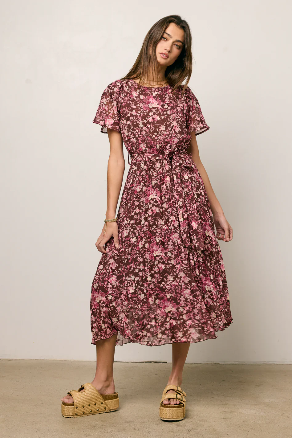 Mary Anne Floral Midi Dress in Brown