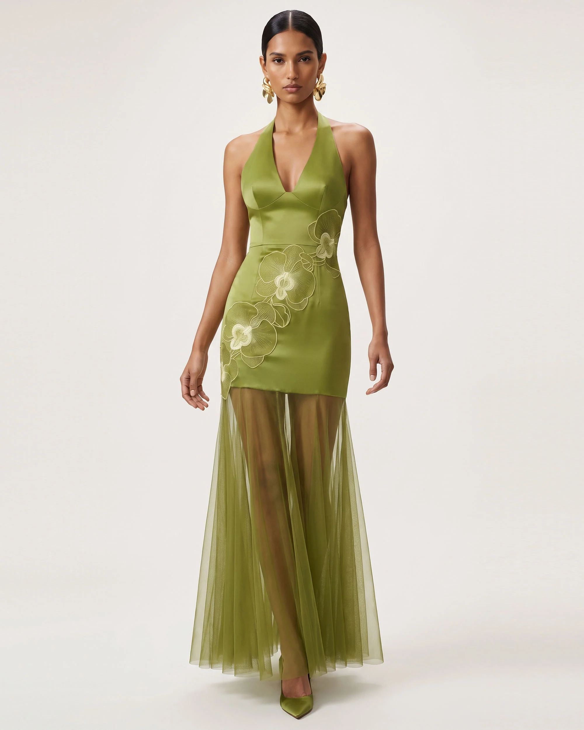 Orchid Embroidered Sheer Hem Halter Maxi Dress - Olive - FASHION NOB